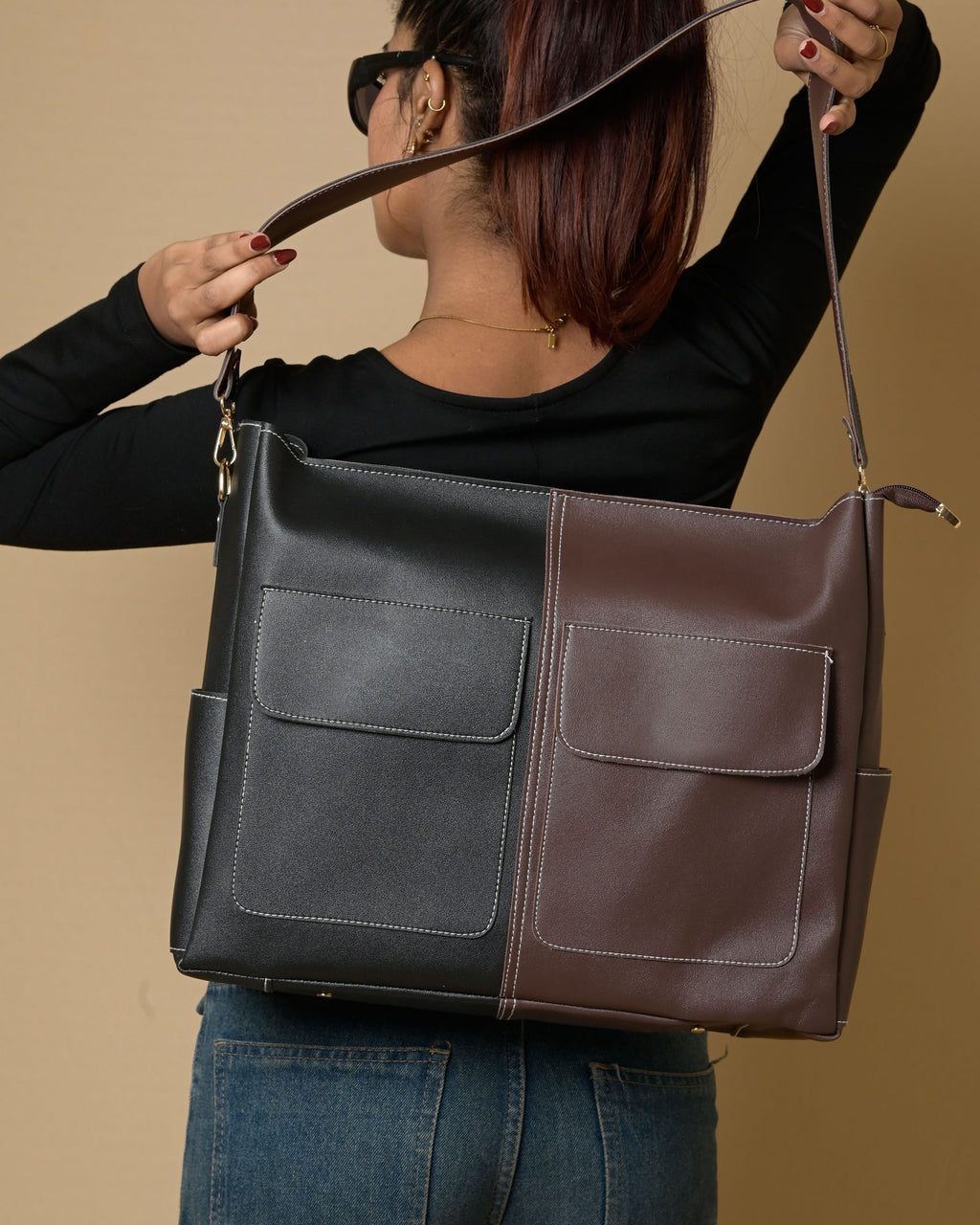 Caro Dual Zipper Multi Tote Bag - Black & Brown