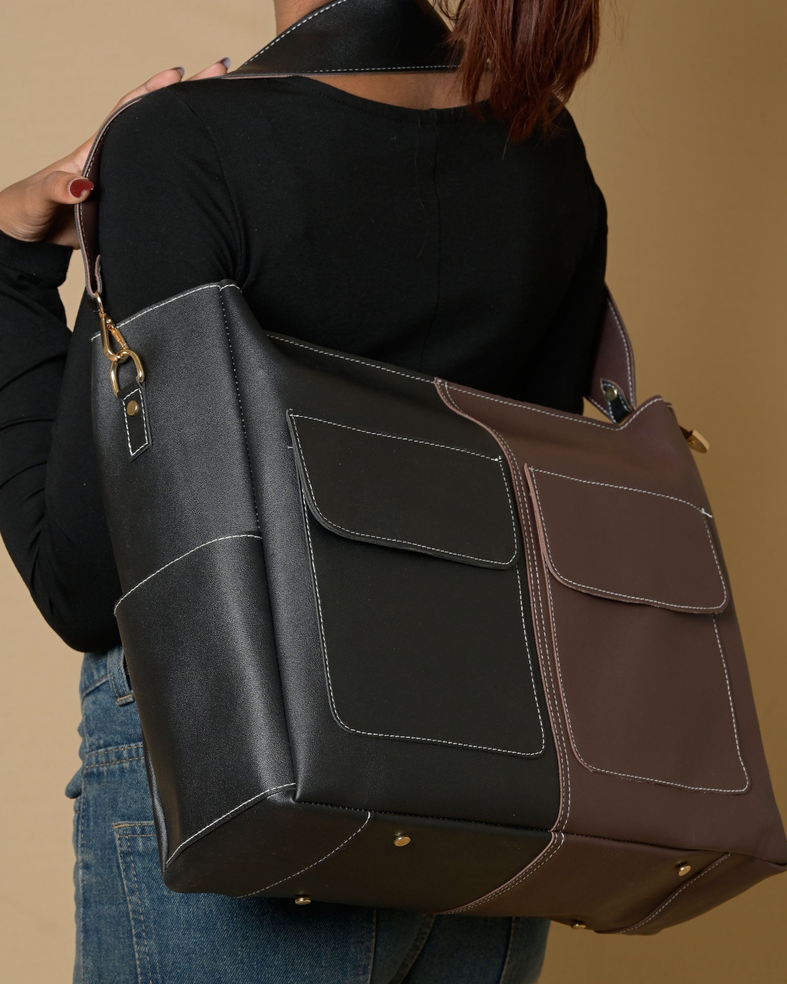 Caro Dual Zipper Multi Tote Bag - Black & Brown