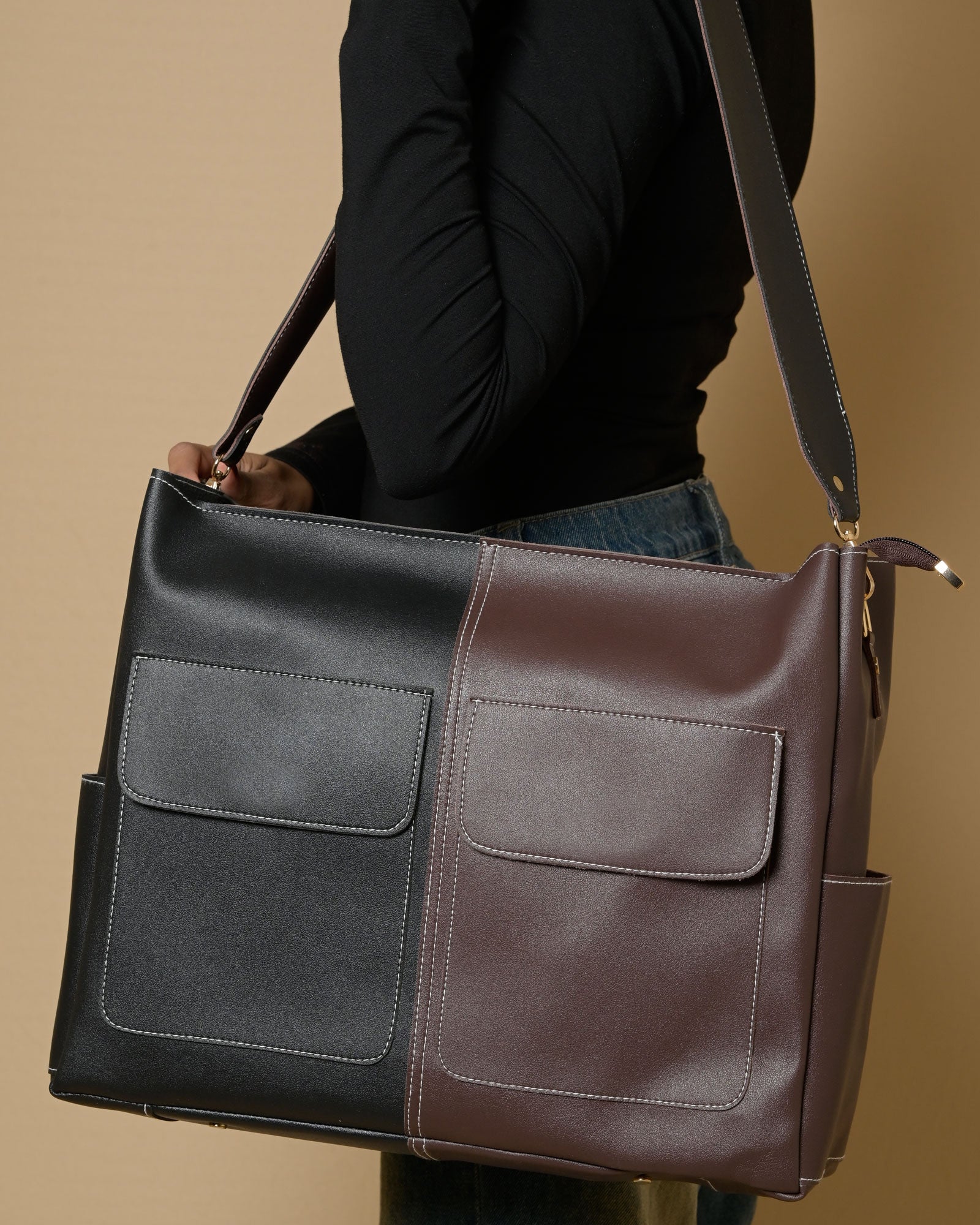 Caro Dual Zipper Multi Tote Bag - Black & Brown