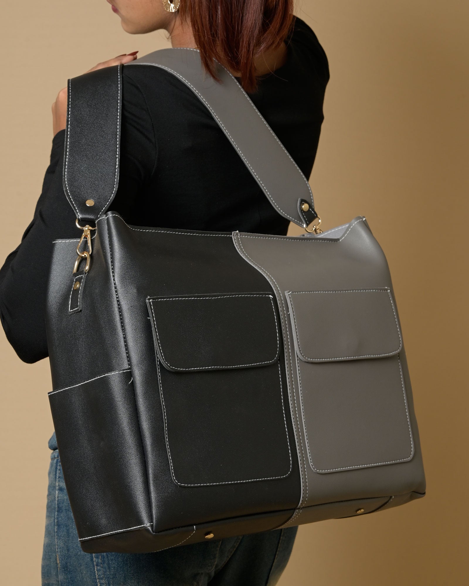 Caro Dual Zipper Multi Tote Bag - Grey & Black