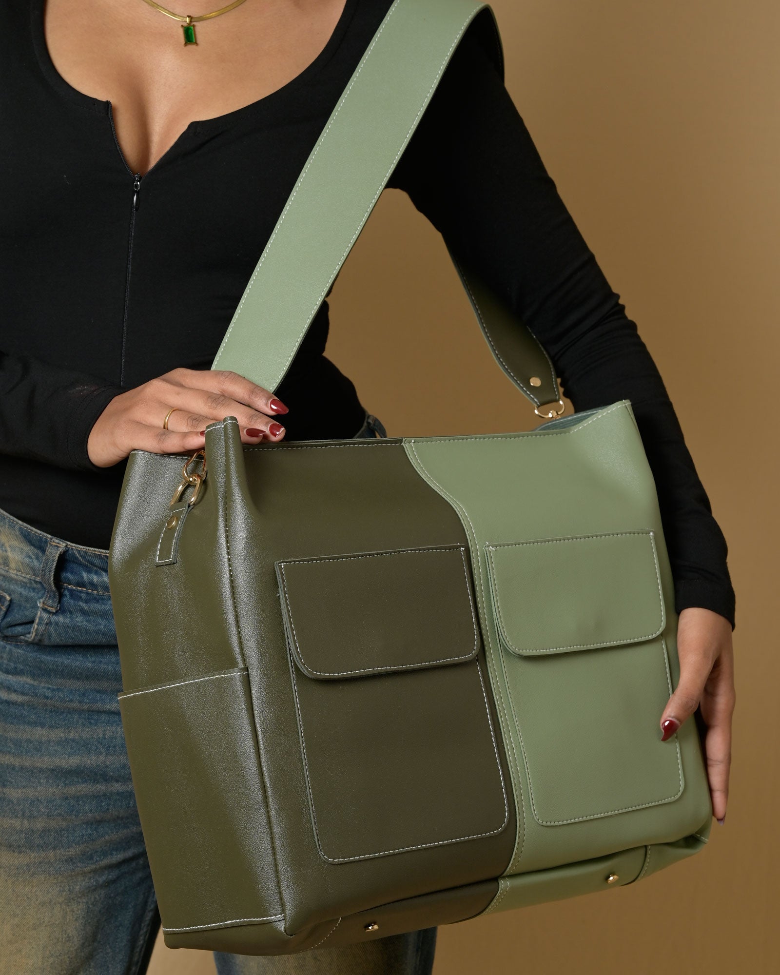 Caro Dual Zipper Multi Tote Bag - Olive & Sage