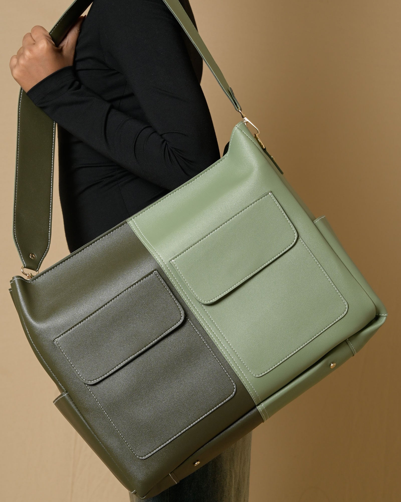 Caro Dual Zipper Multi Tote Bag - Olive & Sage