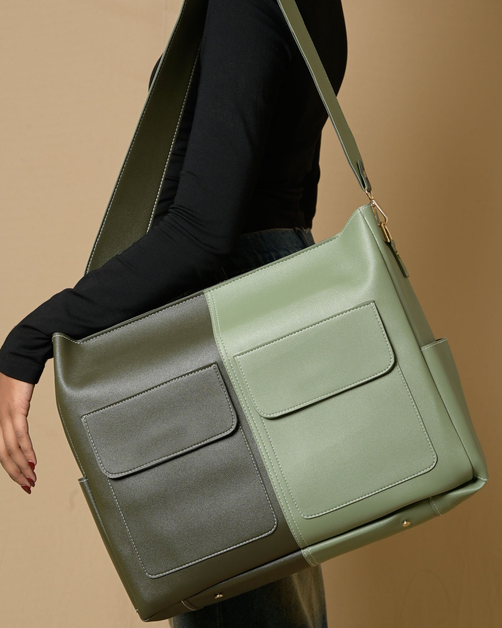 Caro Dual Zipper Multi Tote Bag - Olive & Sage