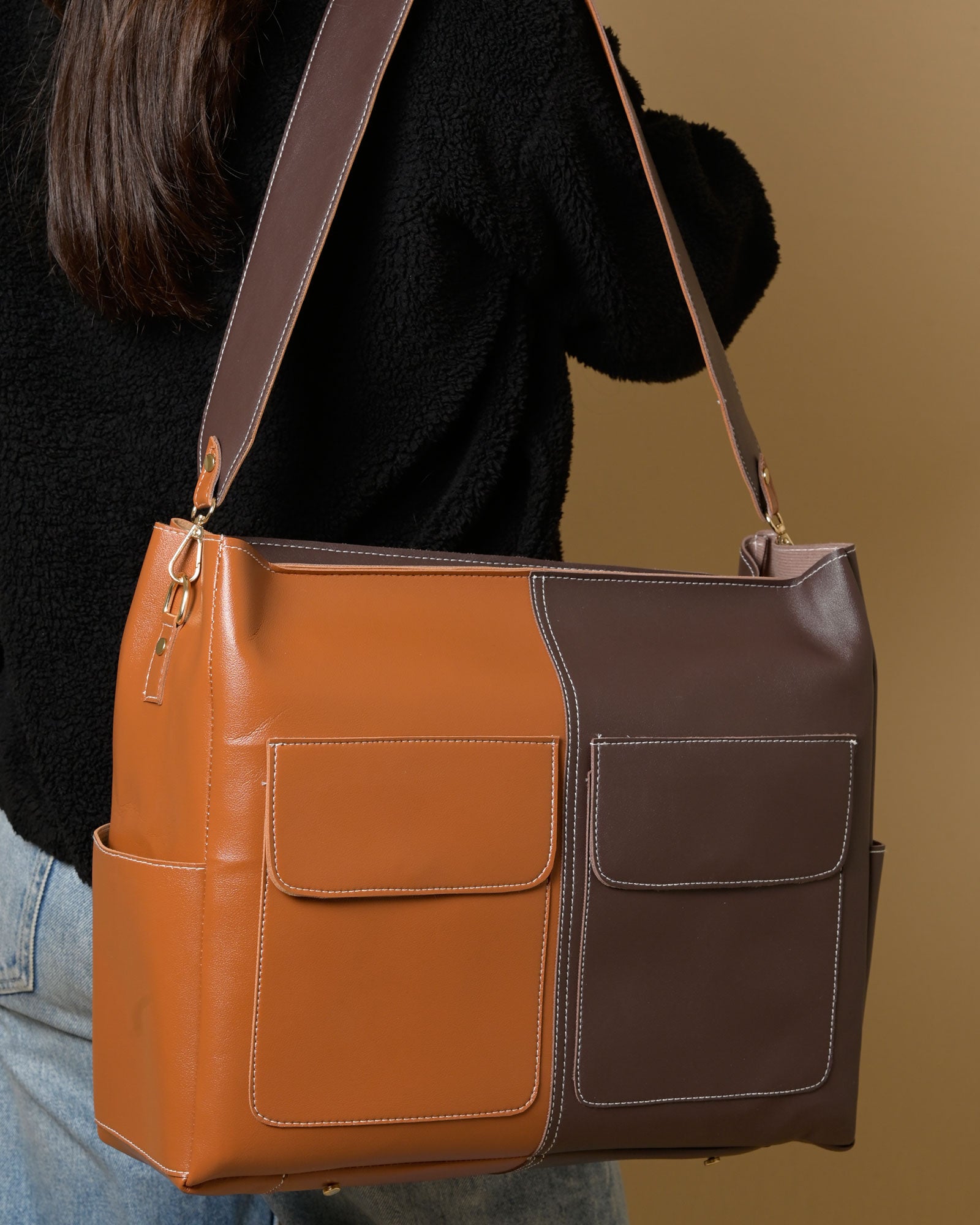 Caro Dual Zipper Multi Tote Bag - Tan & Brown
