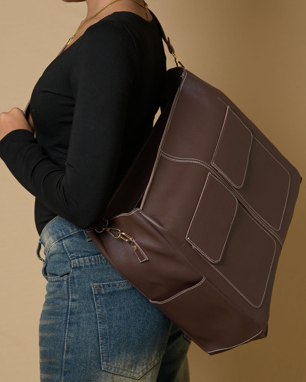 Caro Dual Zipper Tote Bag - Brown