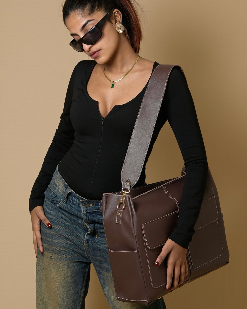 Caro Dual Zipper Tote Bag - Brown