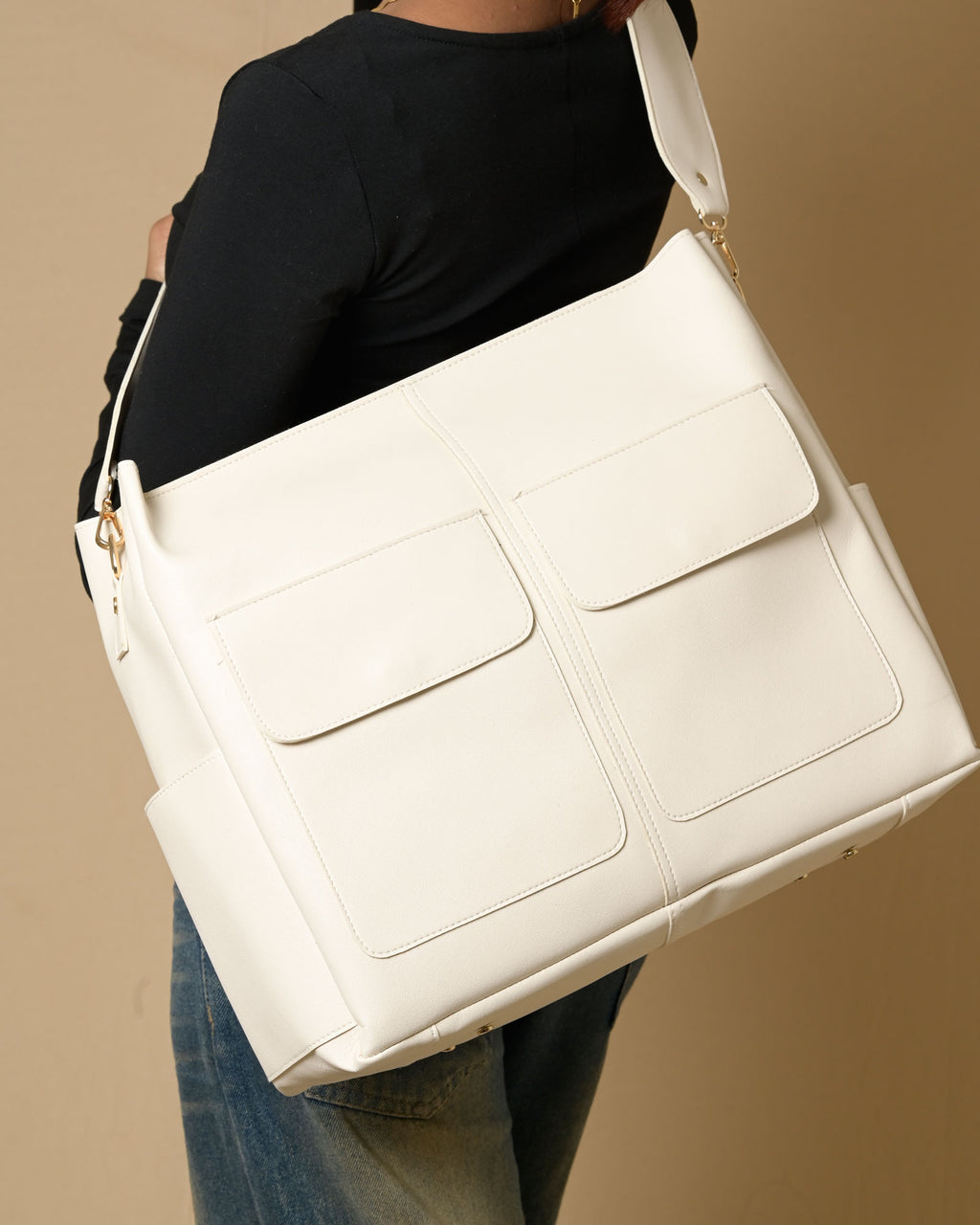 Caro Dual Zipper Tote Bag - Ivory