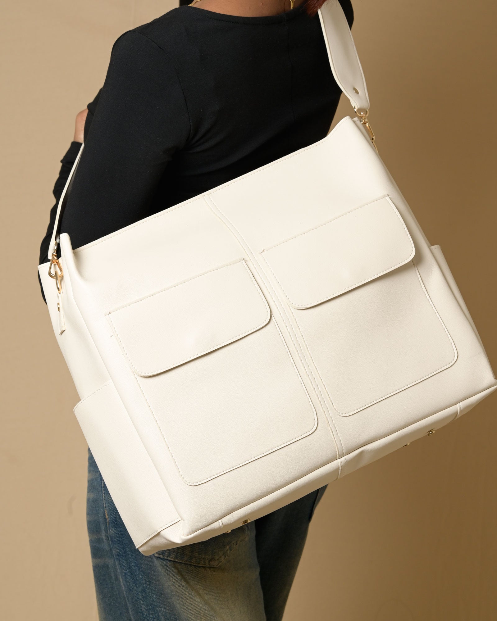 Caro Dual Zipper Tote Bag - Ivory