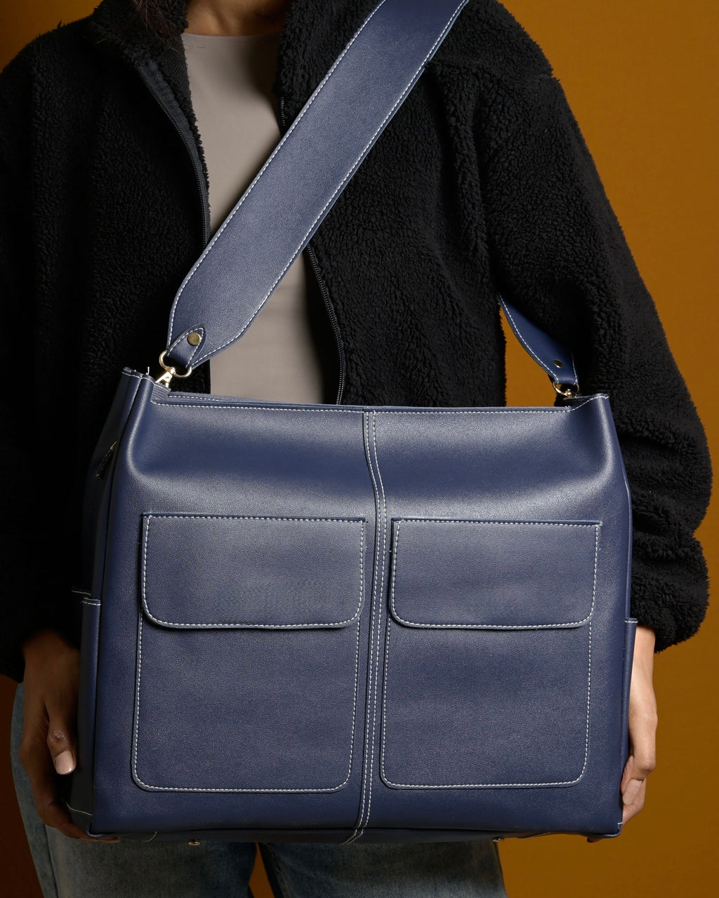 Caro Dual Zipper Tote Bag - Navy Blue