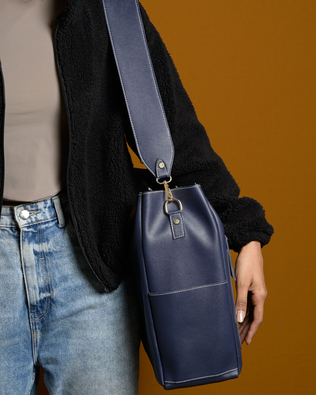 Caro Dual Zipper Tote Bag - Navy Blue