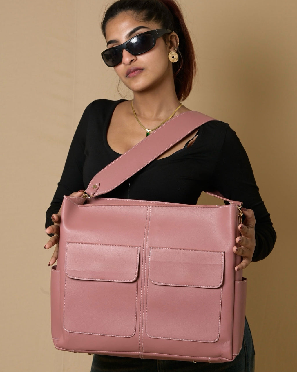 Caro Dual Zipper Tote Bag - Peach