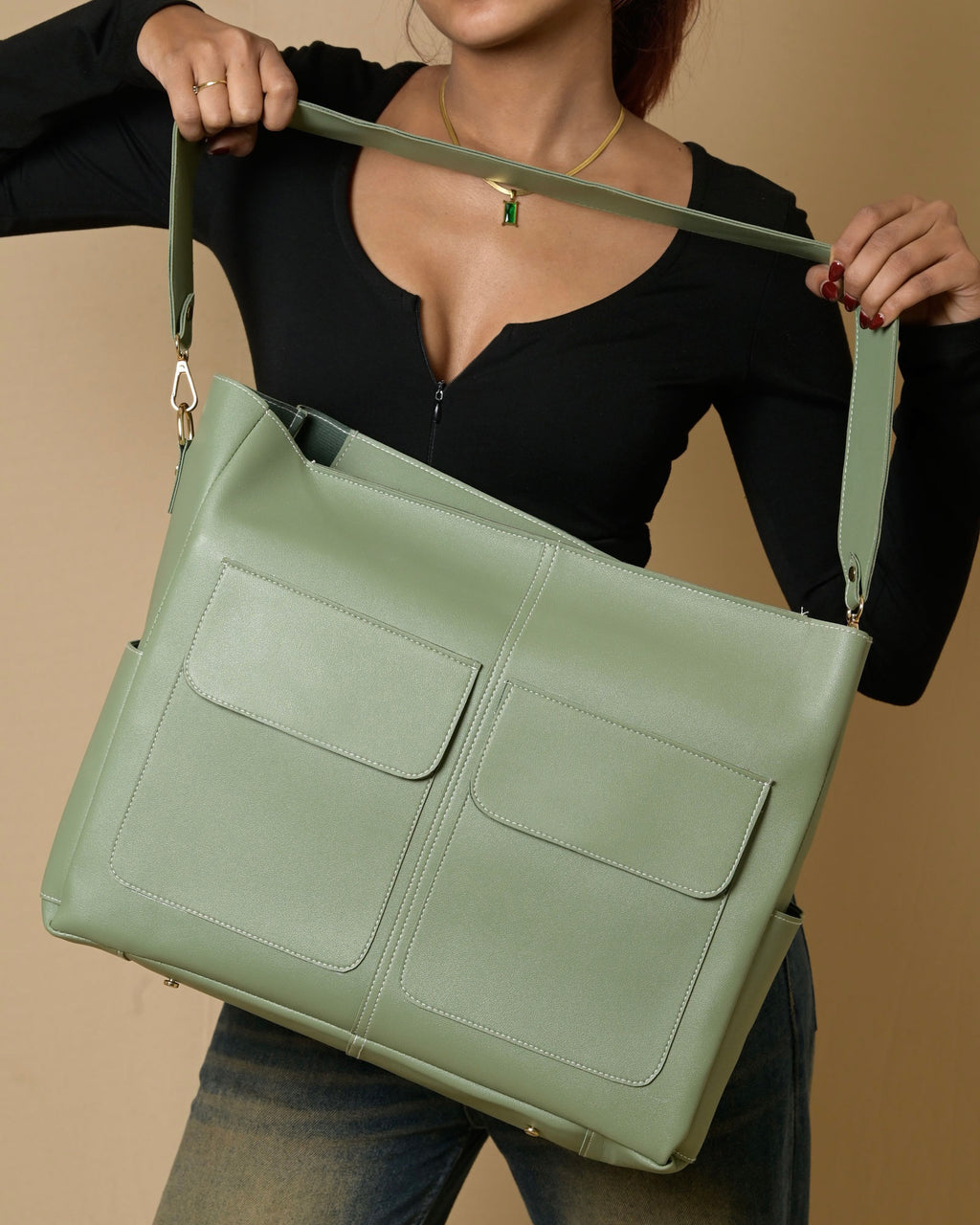 Caro Dual Zipper Tote Bag - Sage Green