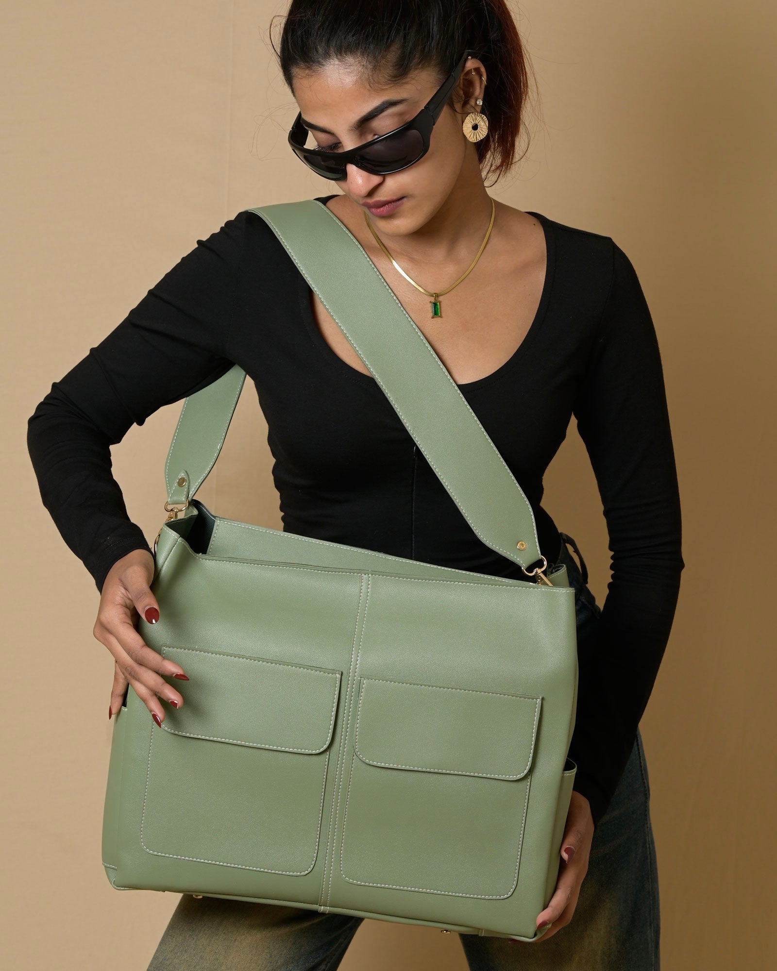Caro Dual Zipper Tote Bag - Sage Green