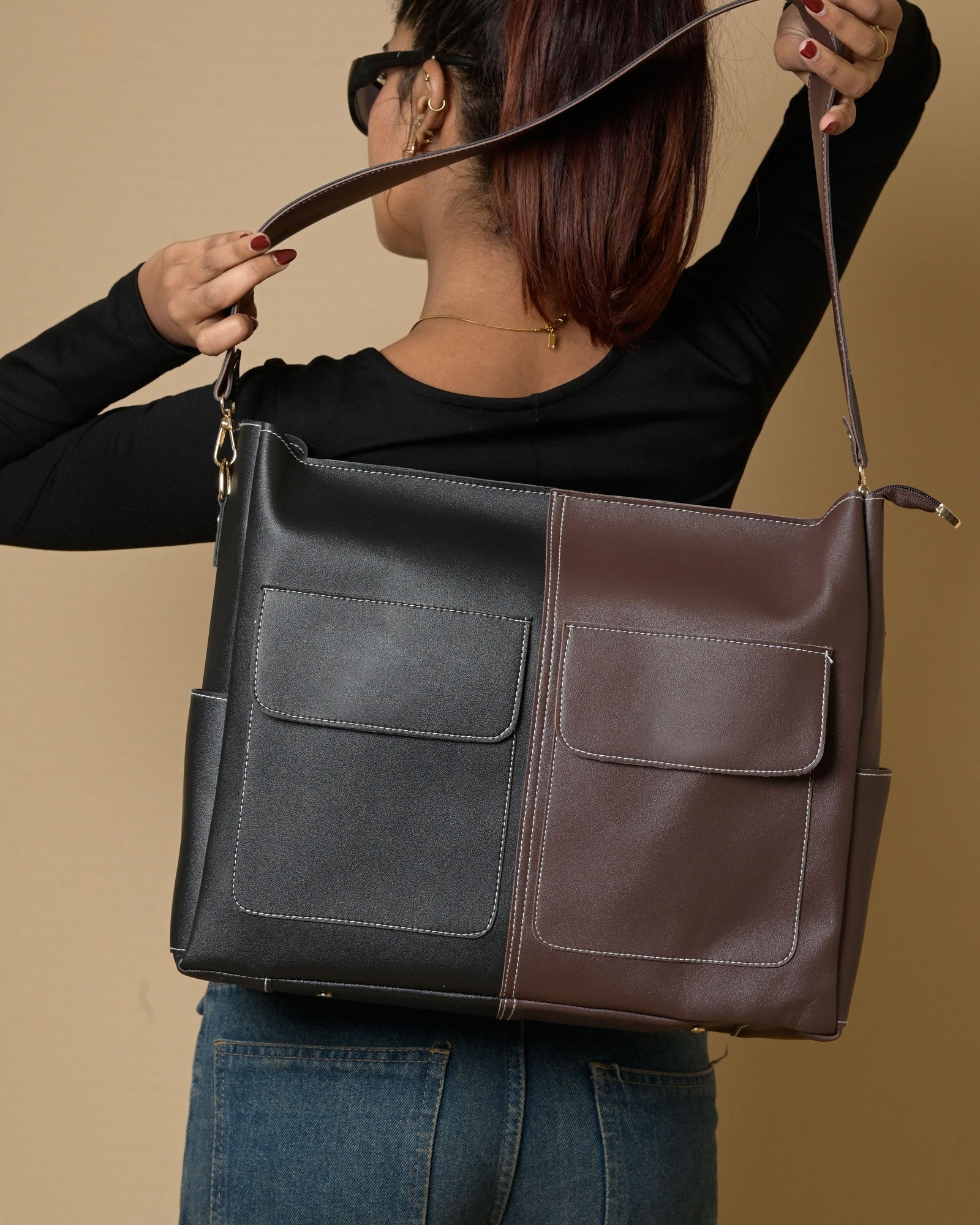 Caro Zipper Multi Tote Bag - Black & Brown