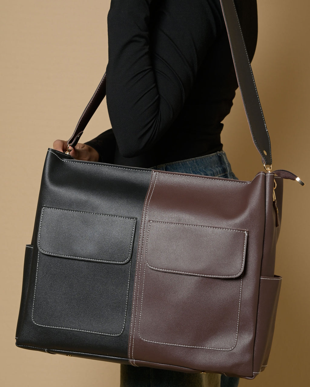 Caro Zipper Multi Tote Bag - Black & Brown