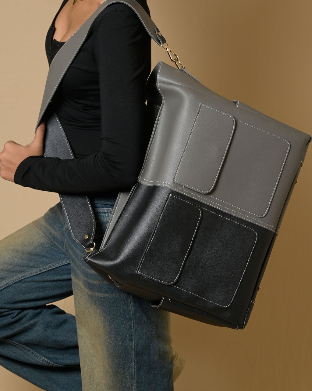 Caro Zipper Multi Tote Bag - Grey & Black