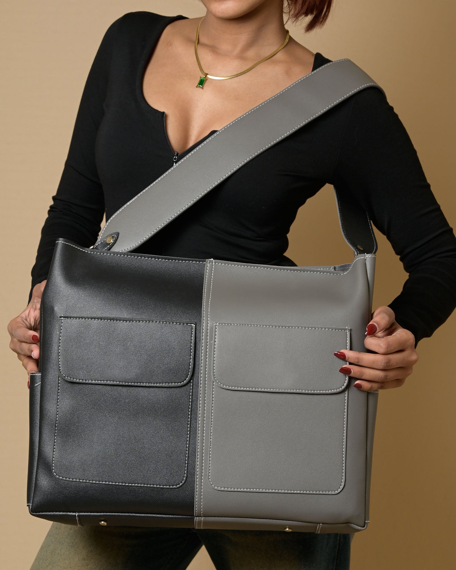 Caro Zipper Multi Tote Bag - Grey & Black