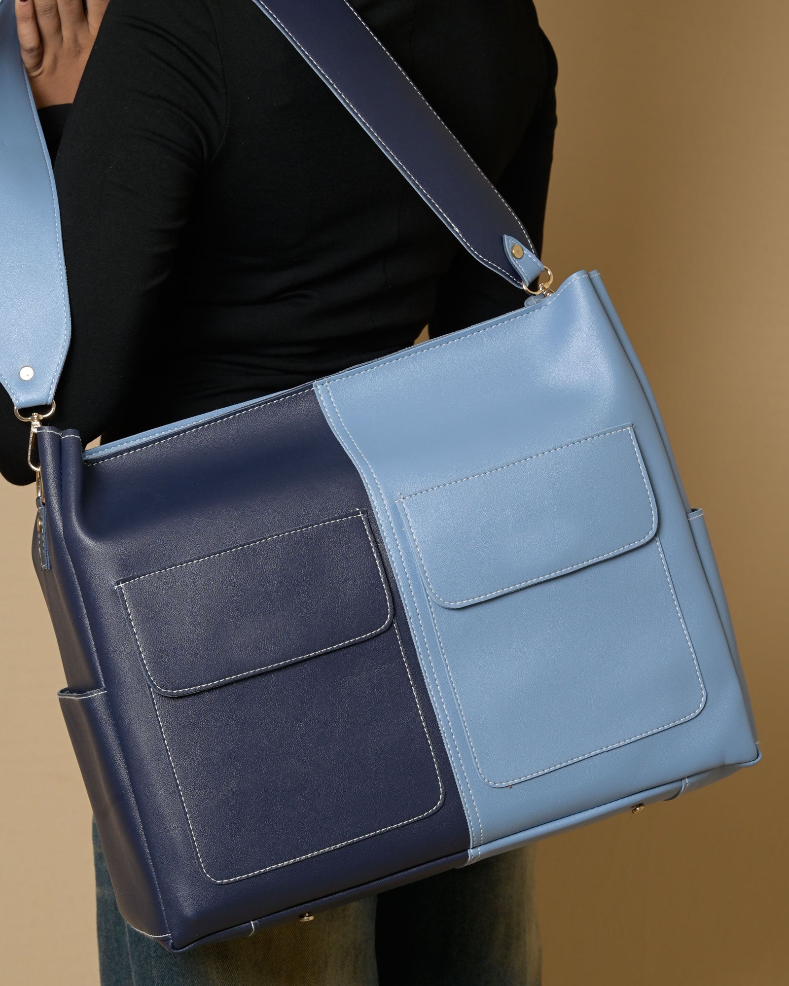 Caro Zipper Multi Tote Bag - Navy & Blue