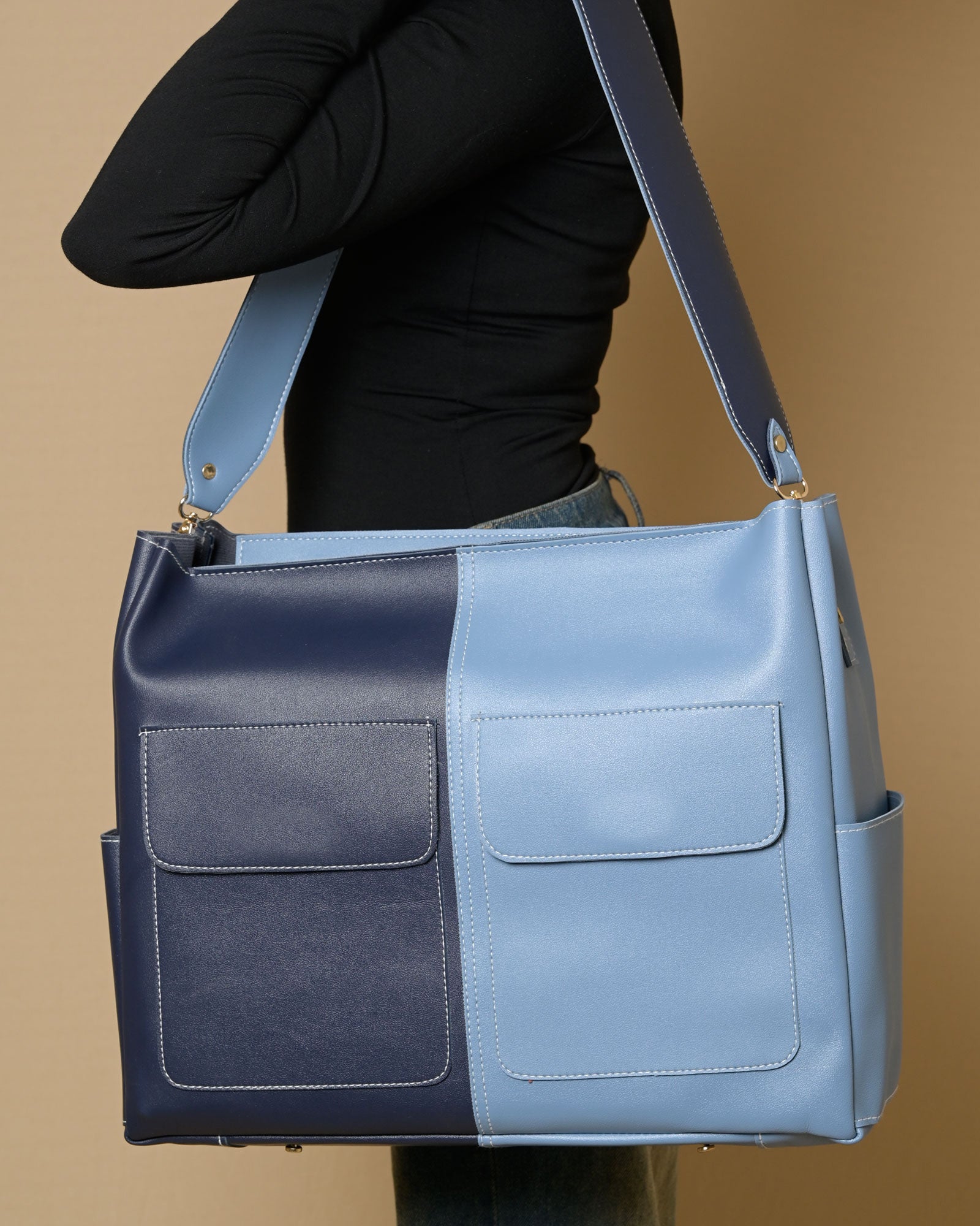 Caro Zipper Multi Tote Bag - Navy & Blue