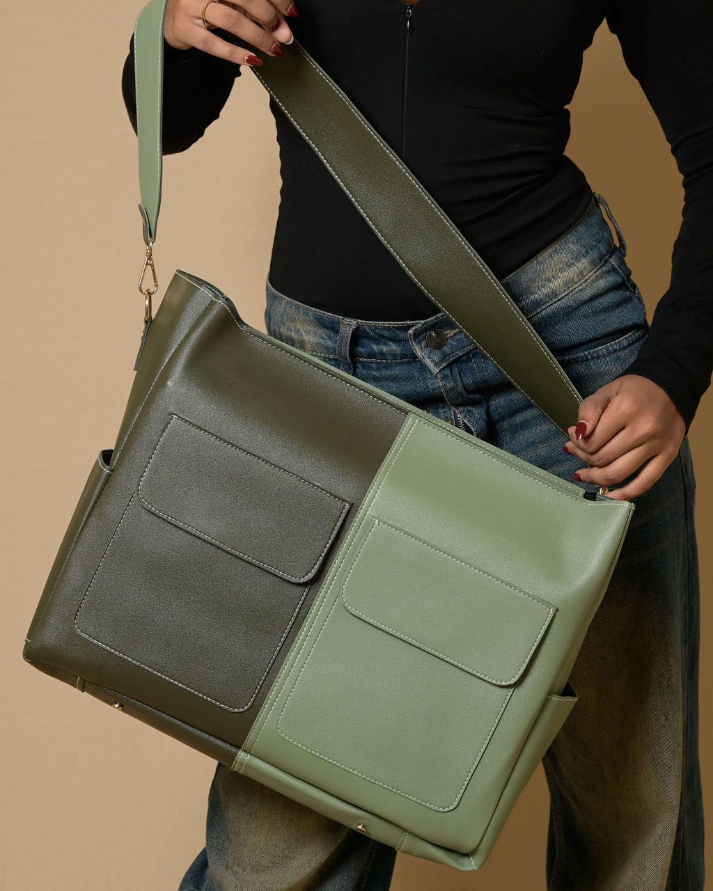 Caro Zipper Multi Tote Bag - Olive & Sage