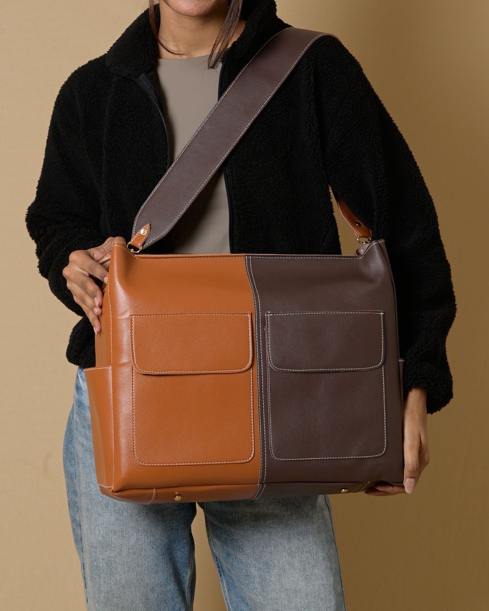 Caro Zipper Multi Tote Bag - Tan & Brown