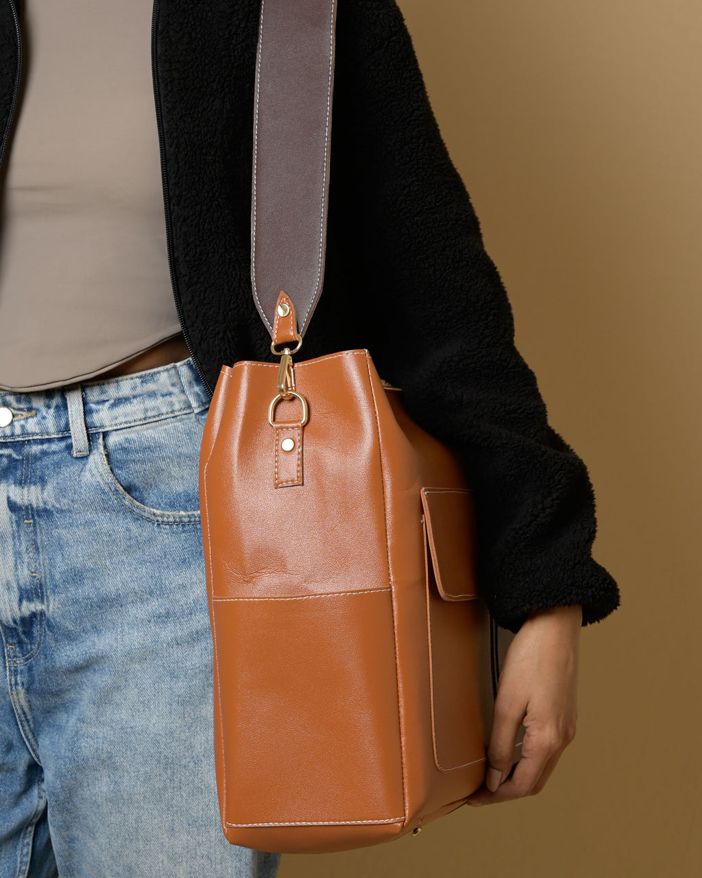 Caro Zipper Multi Tote Bag - Tan & Brown