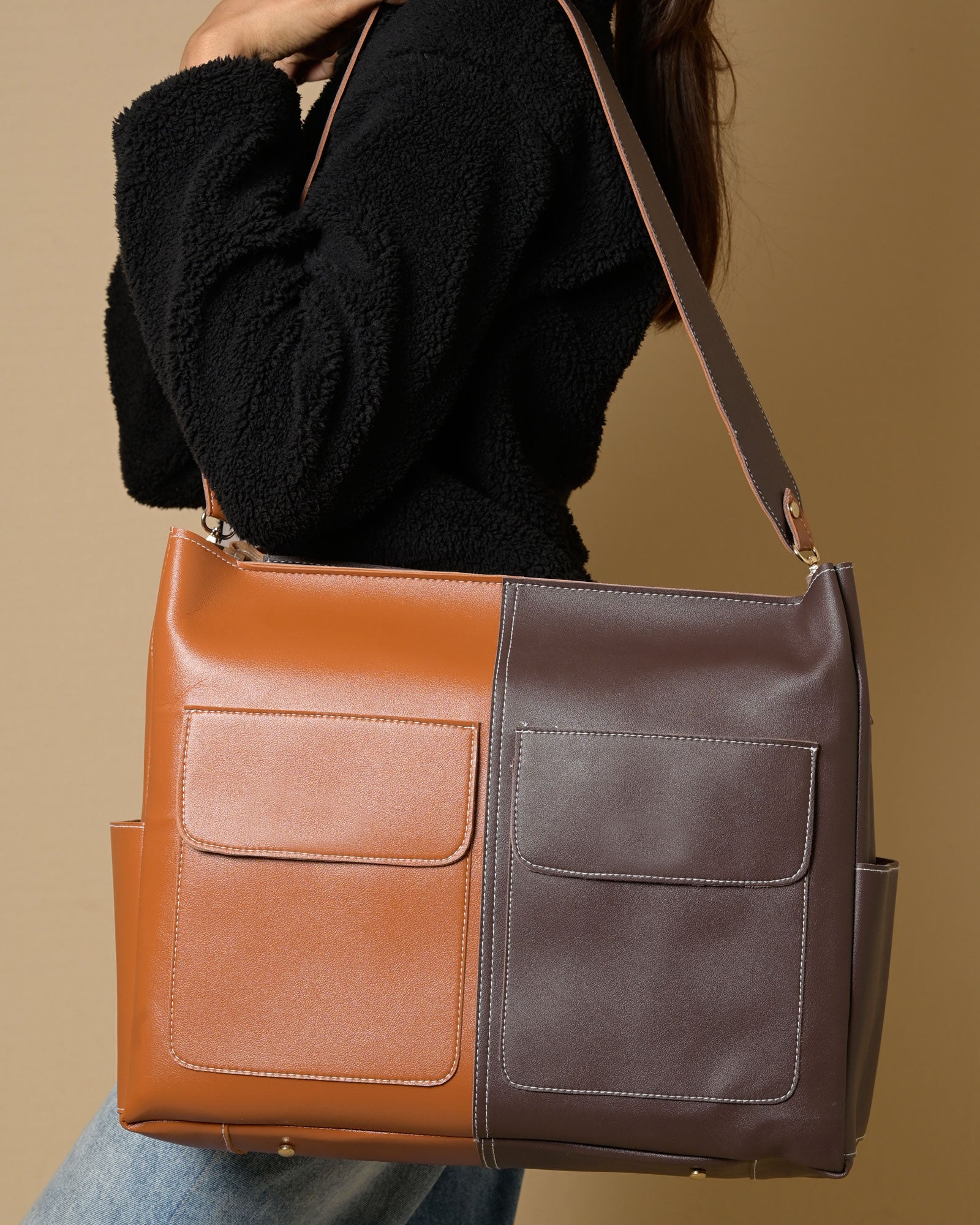 Caro Zipper Multi Tote Bag - Tan & Brown
