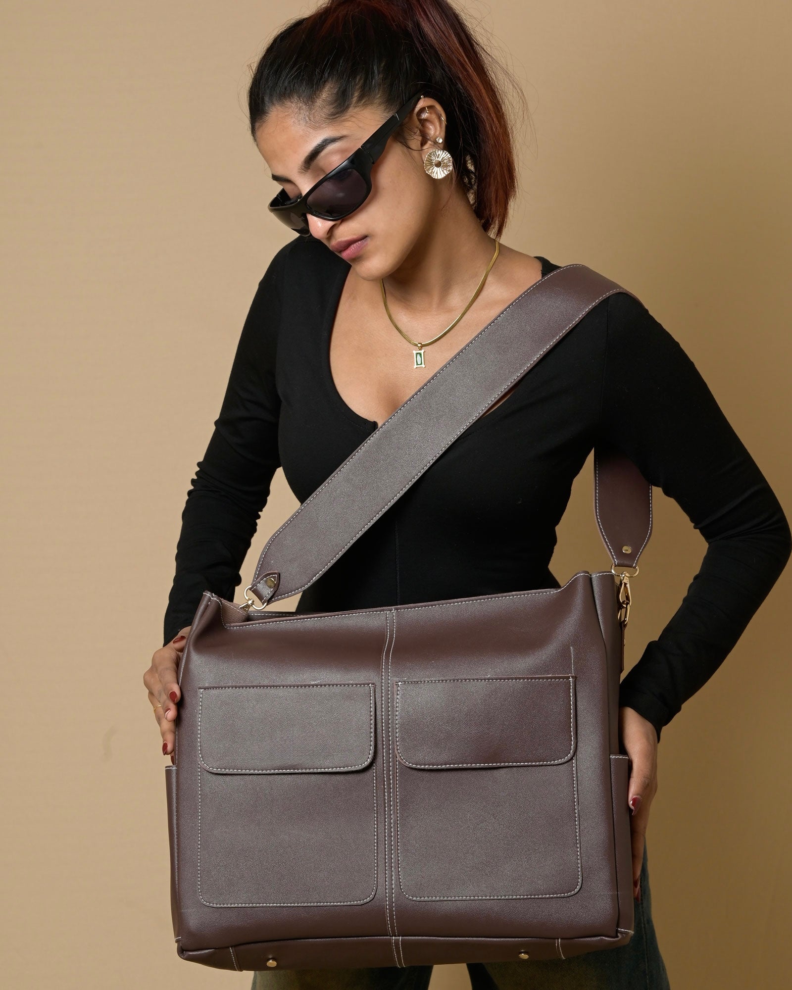 Caro Zipper Tote Bag - Brown