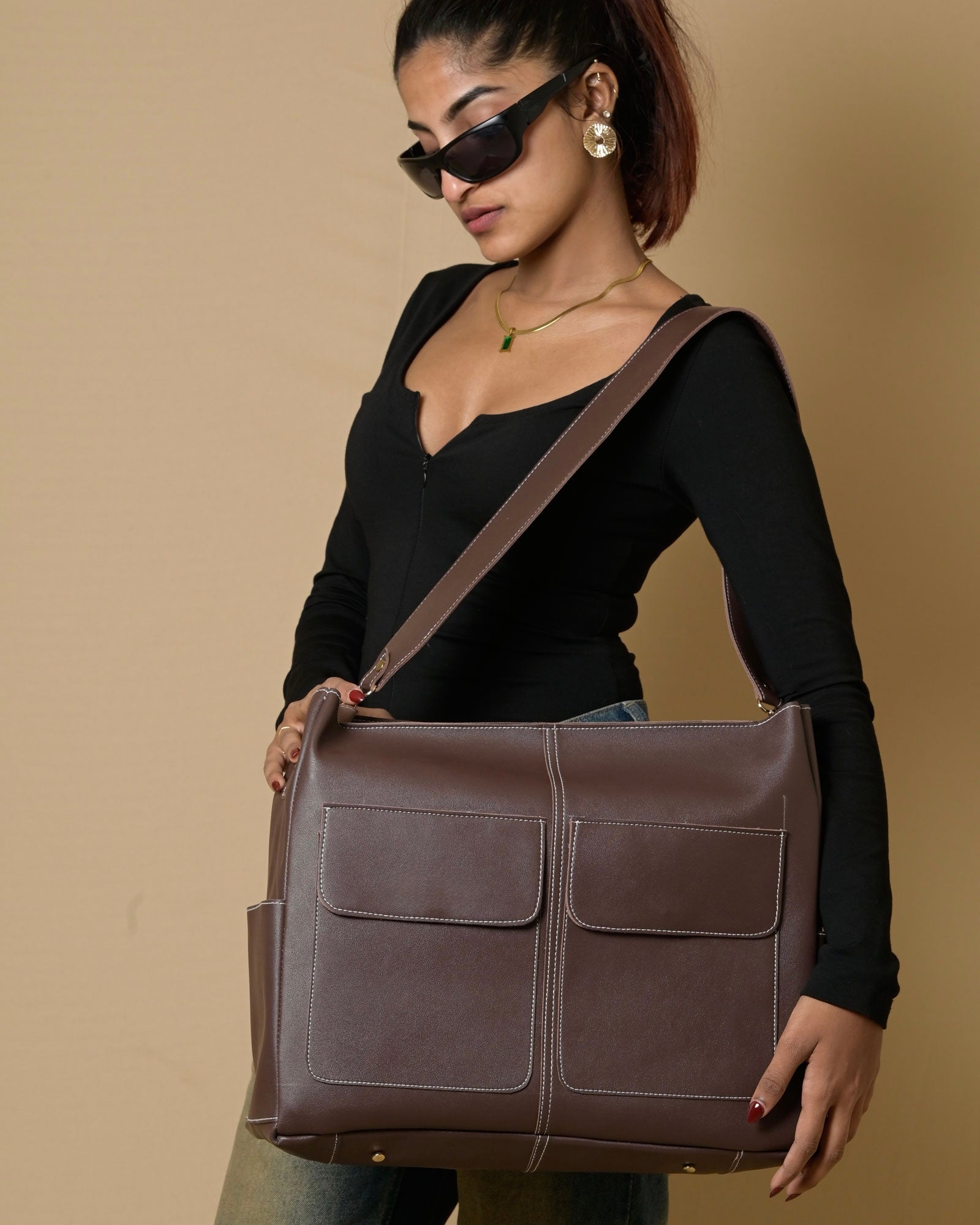 Caro Zipper Tote Bag - Brown
