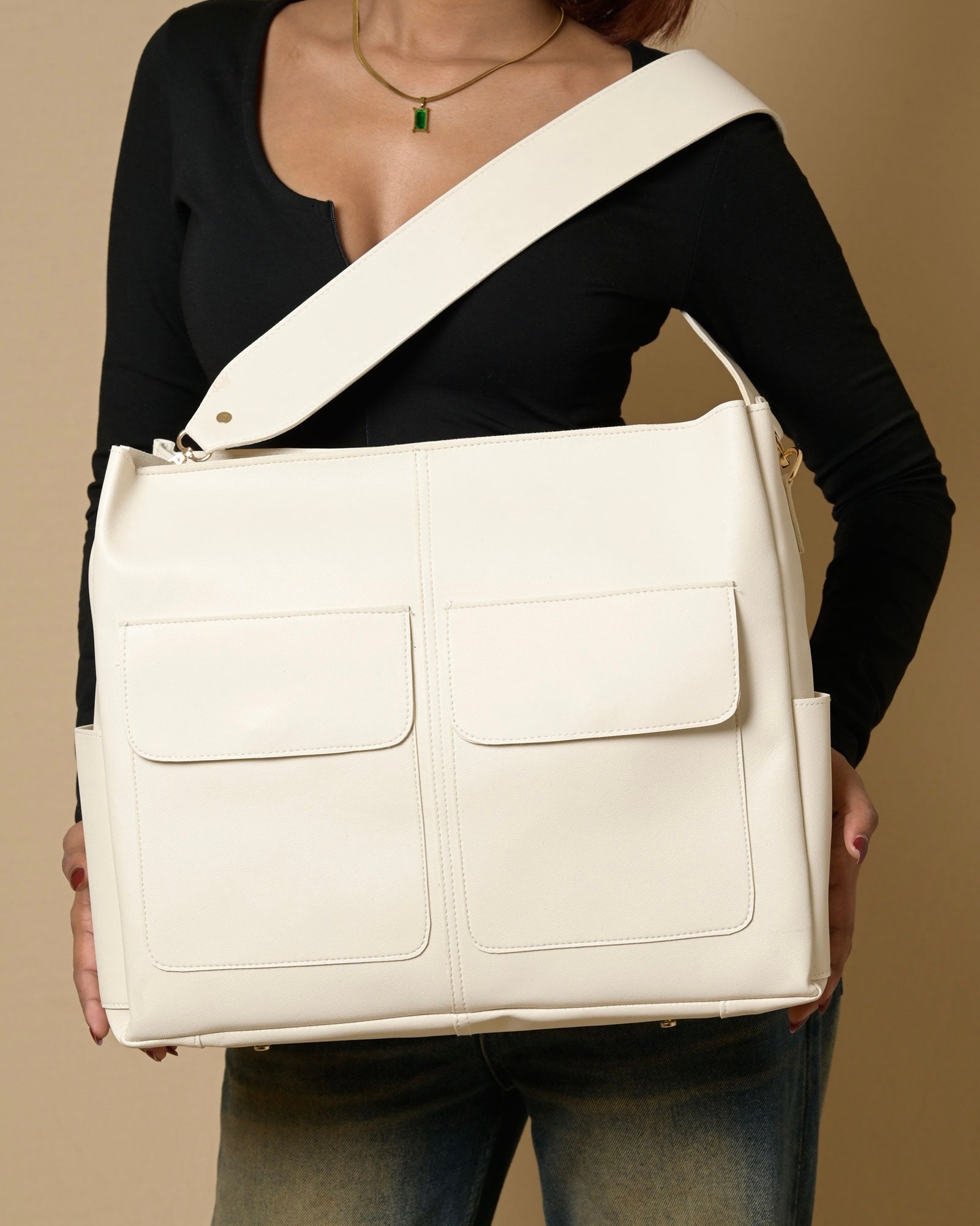 Caro Zipper Tote Bag - Ivory