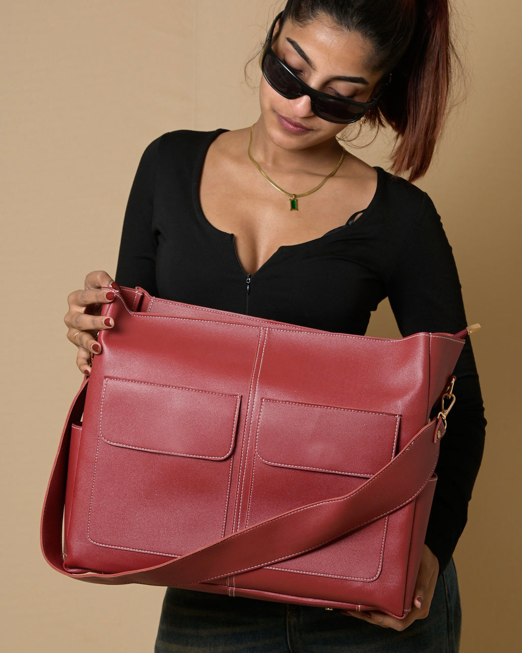 Caro Zipper Tote Bag - Red