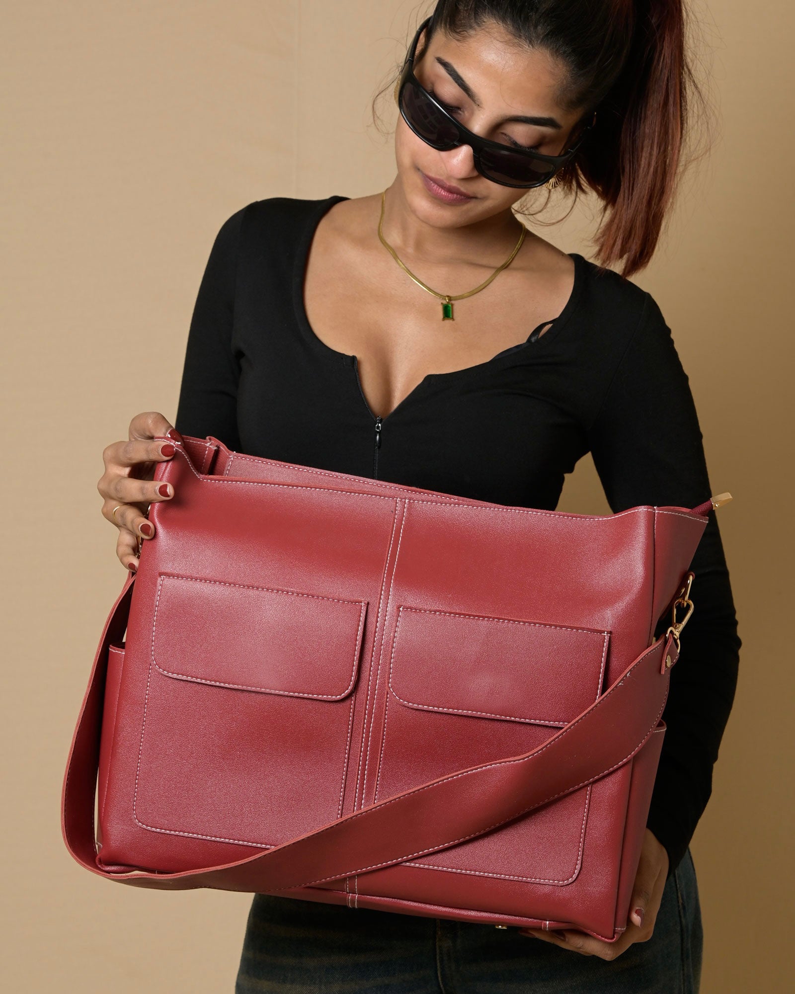 Caro Zipper Tote Bag - Red