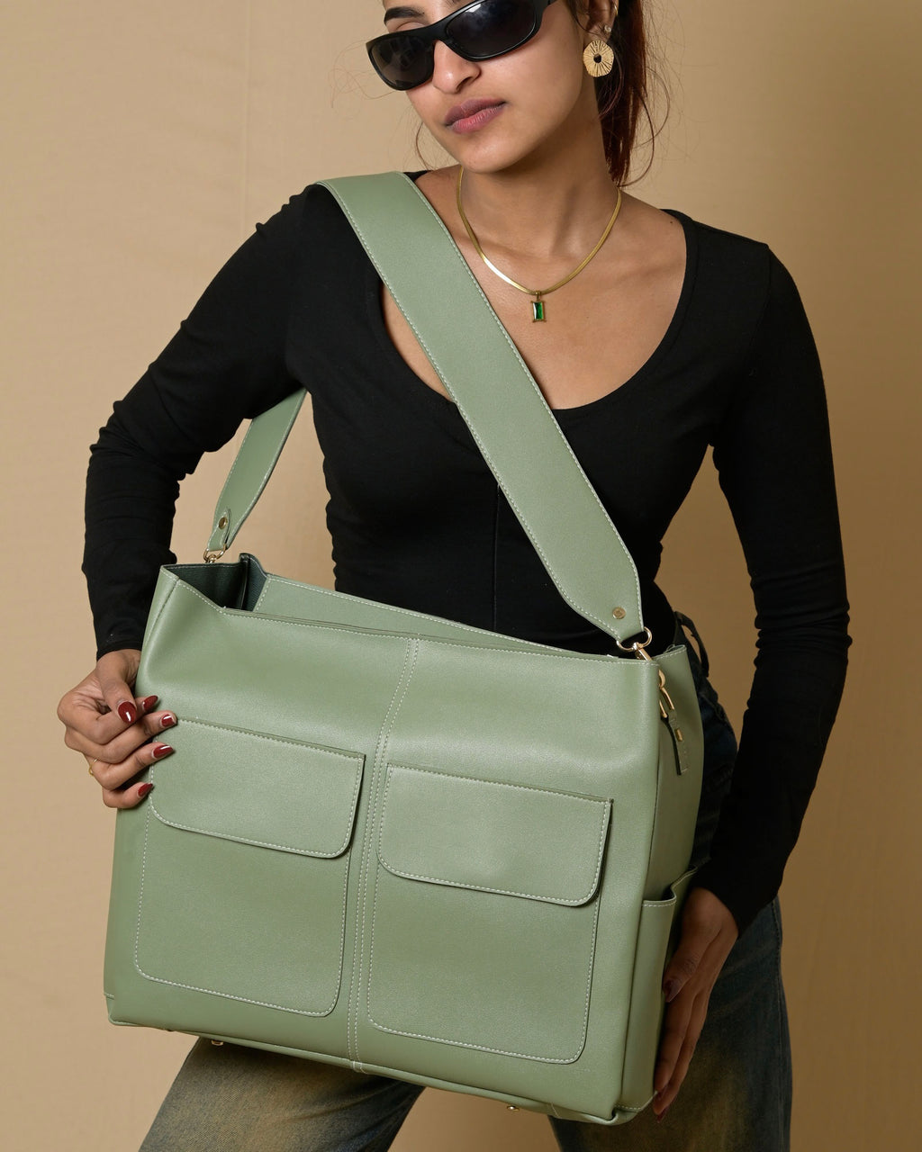 Caro Zipper Tote Bag - Sage Green