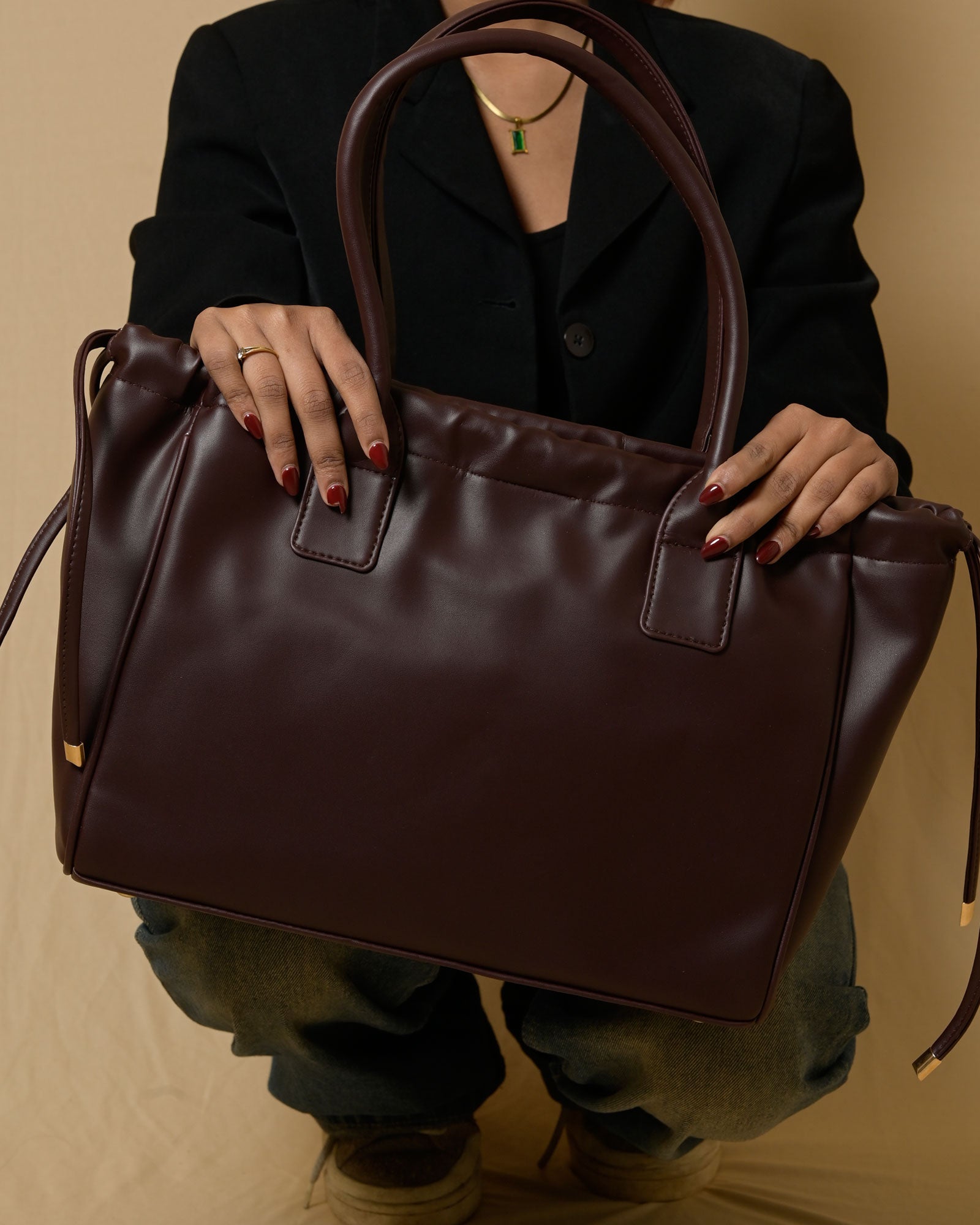 Coco Drawstring Tote Bag - Brown