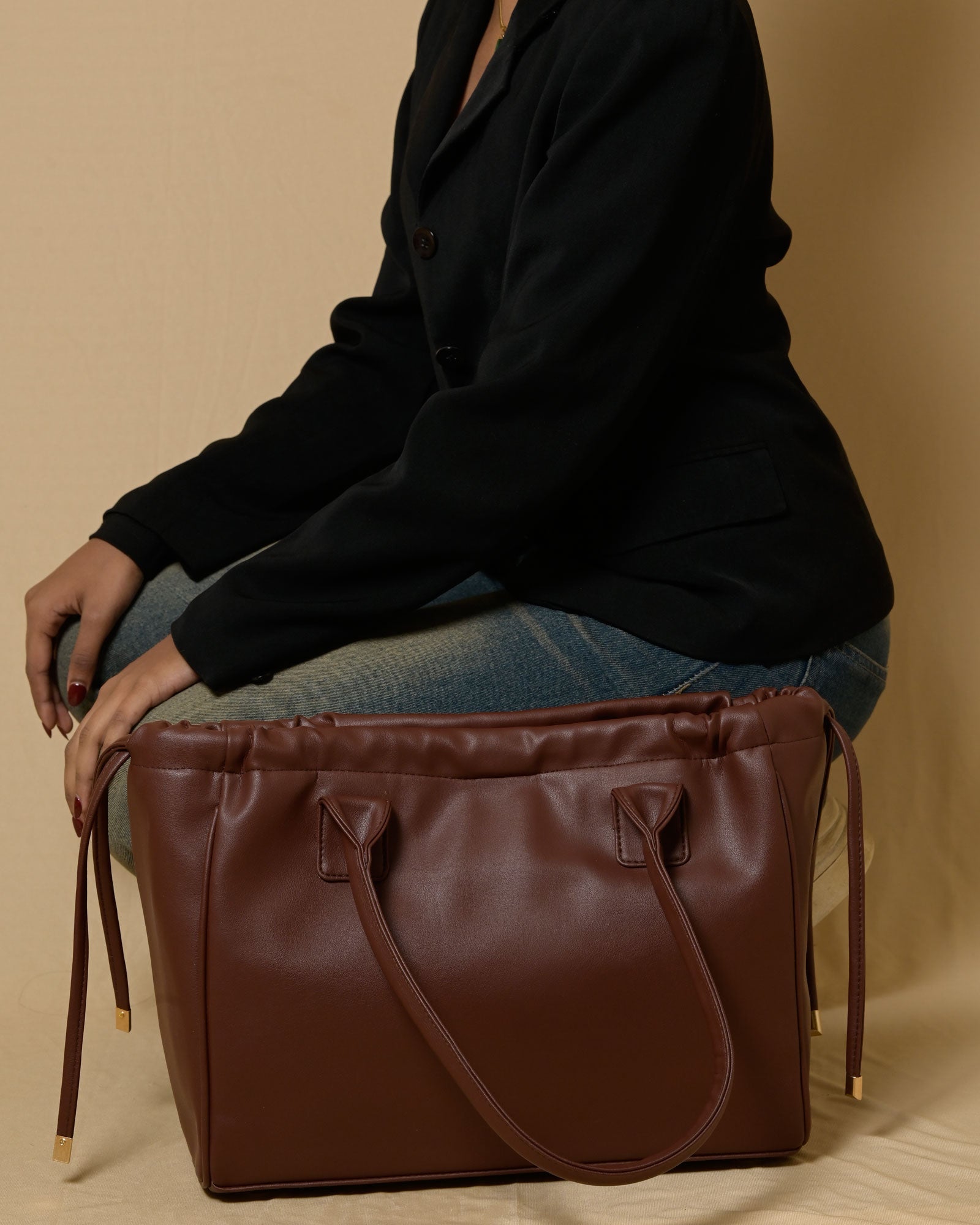 Coco Drawstring Tote Bag - Light Brown