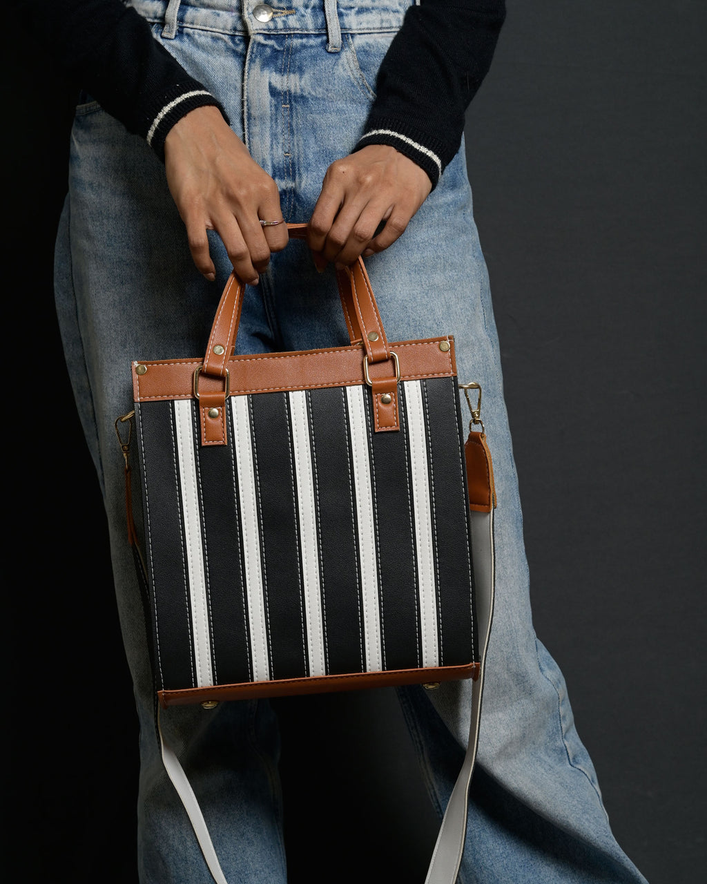 Mini Pinstripe Bag - Black & Tan