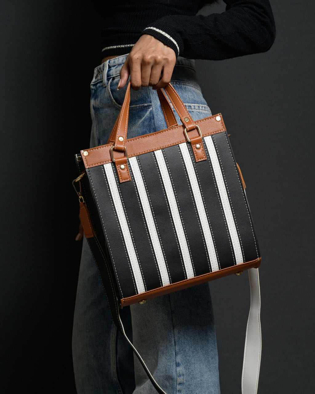 Mini Pinstripe Bag - Black & Tan