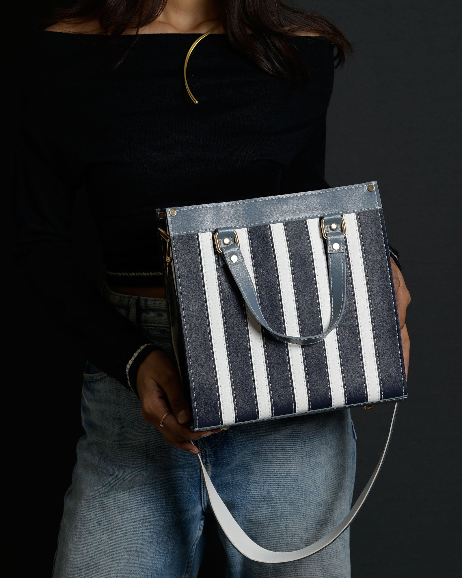 Mini Pinstripe Bag - Navy & Blue