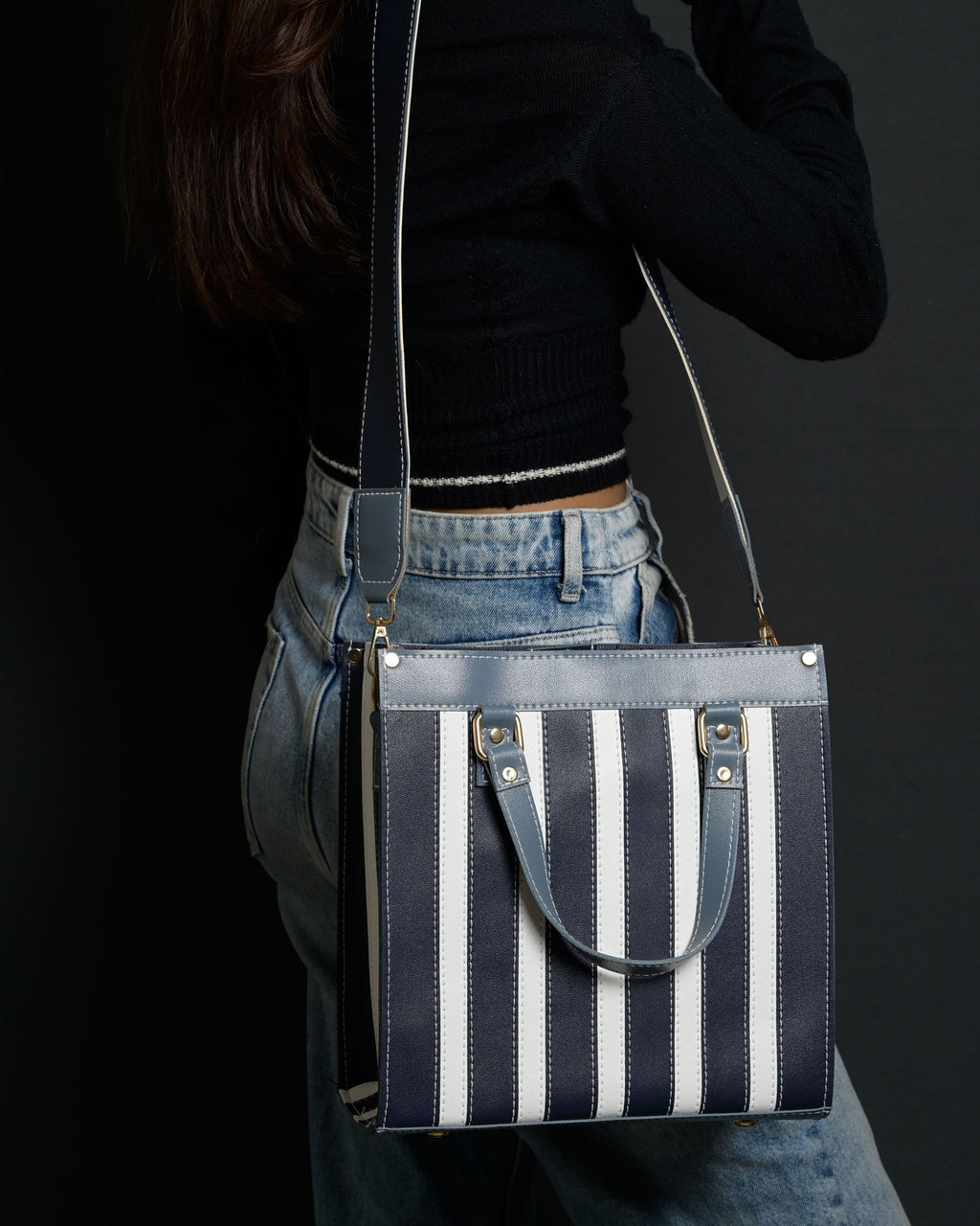 Mini Pinstripe Bag - Navy & Blue