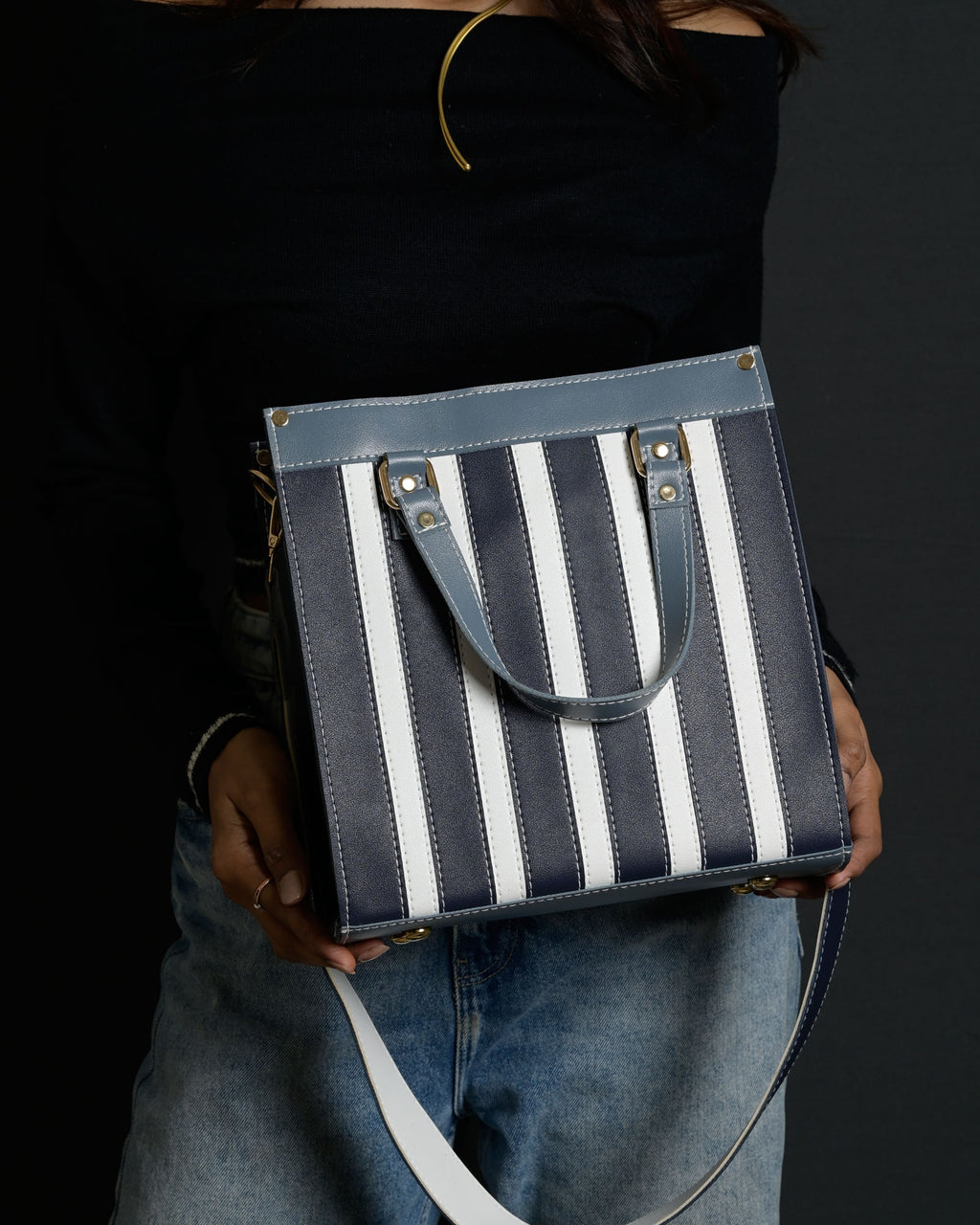 Mini Pinstripe Bag - Navy & Blue