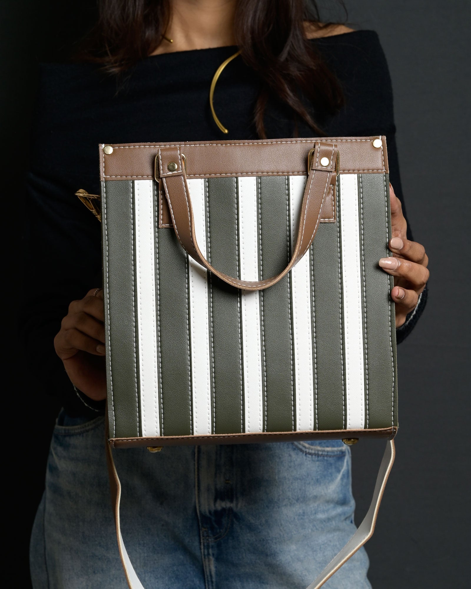 Mini Pinstripe Bag - Olive & Brown