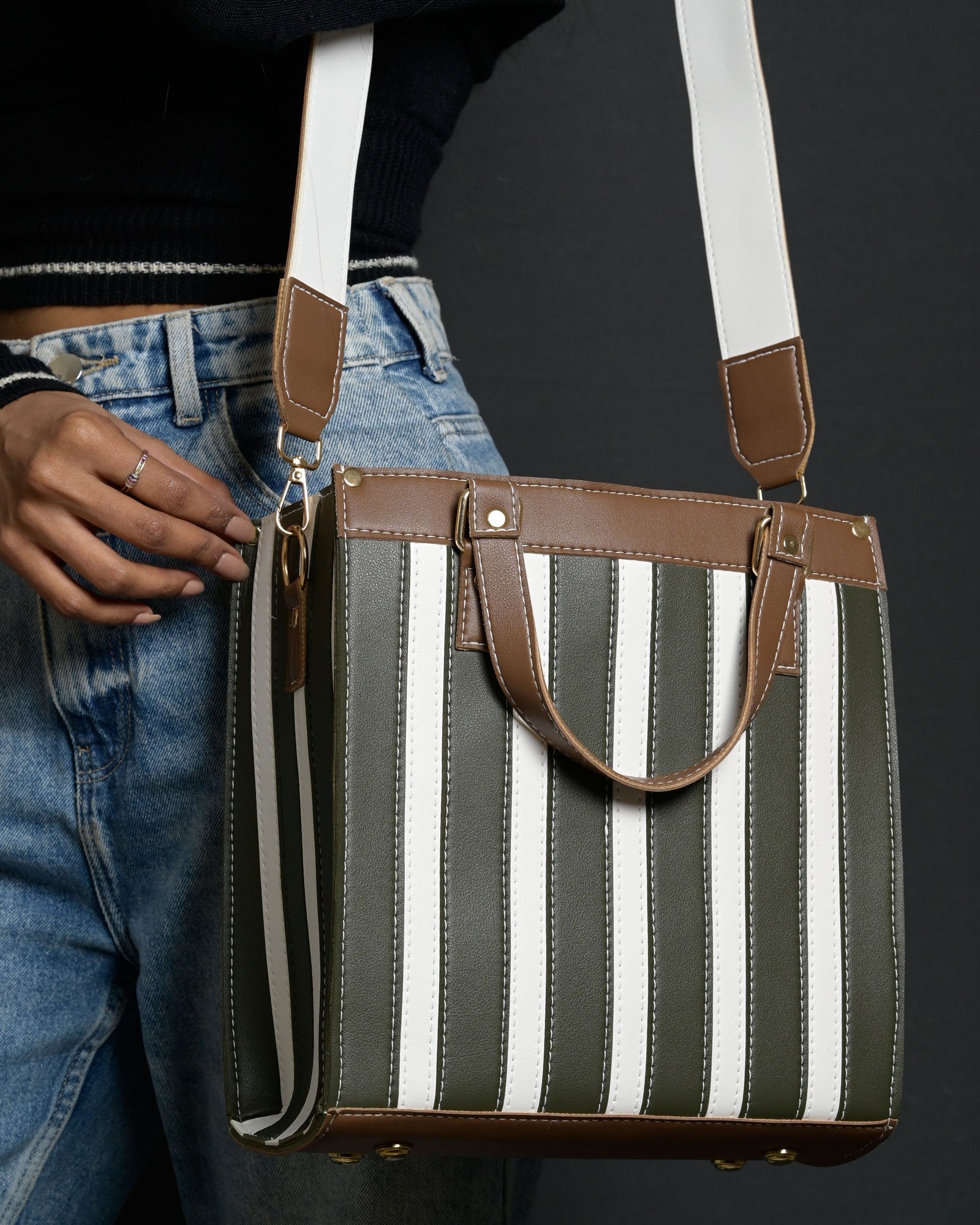 Mini Pinstripe Bag - Olive & Brown