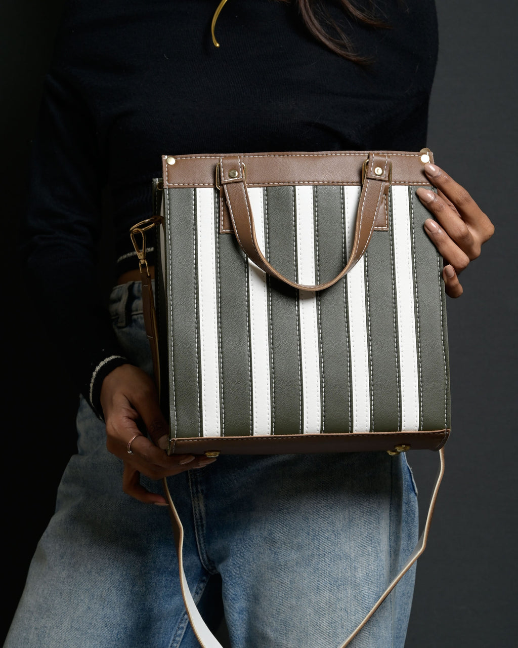 Mini Pinstripe Bag - Olive & Brown