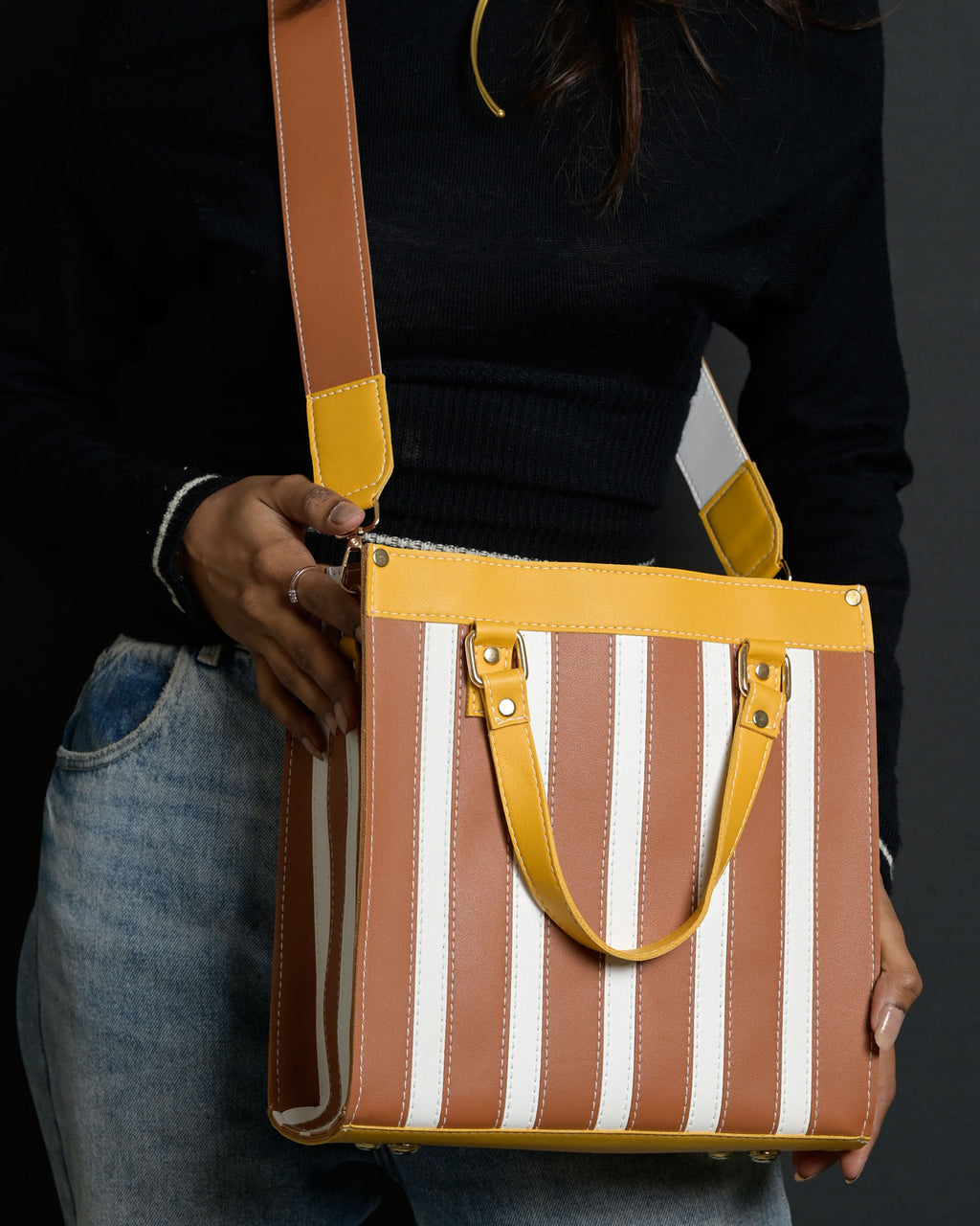 Mini Pinstripe Bag - Tan & Mustard