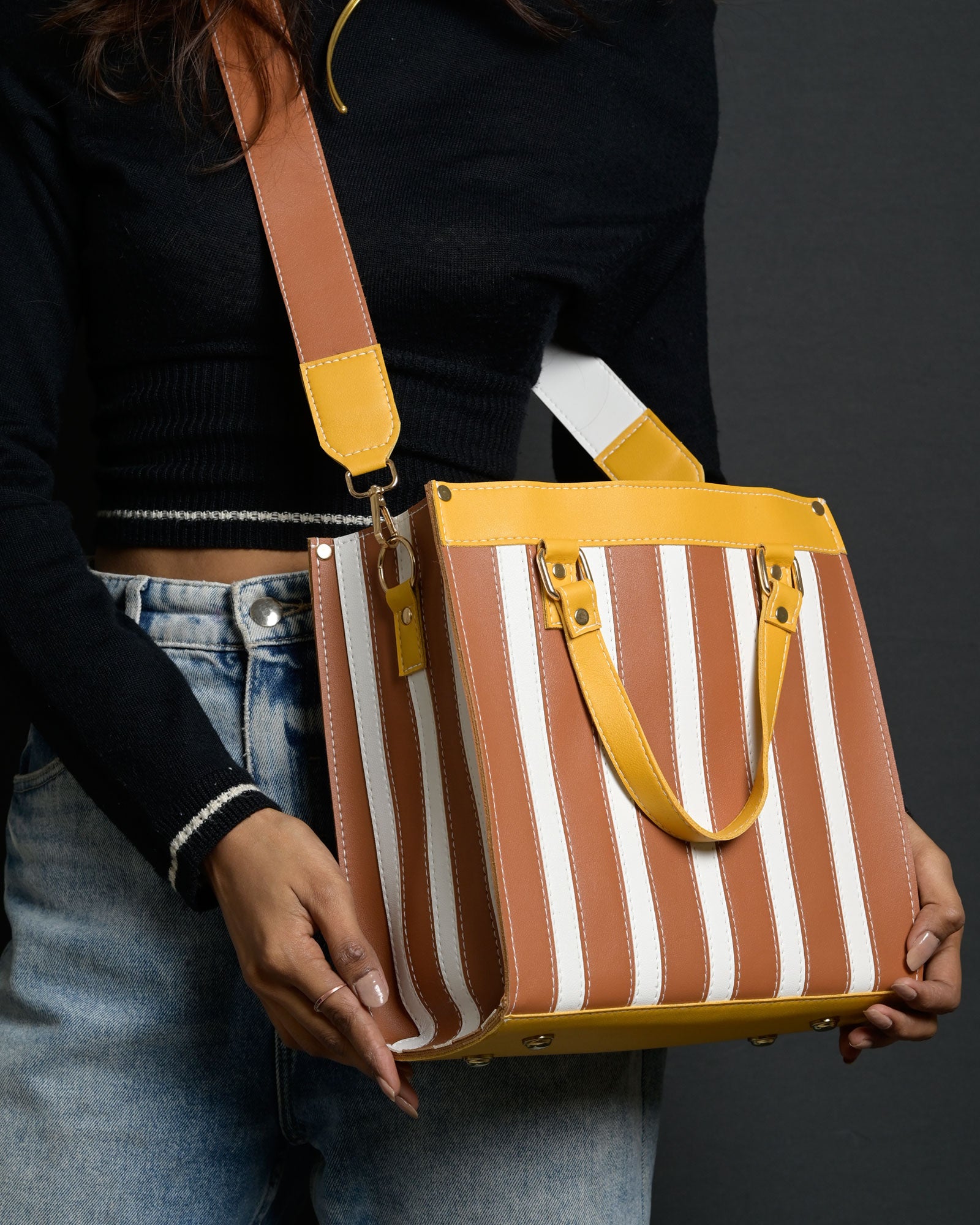 Mini Pinstripe Bag - Tan & Mustard
