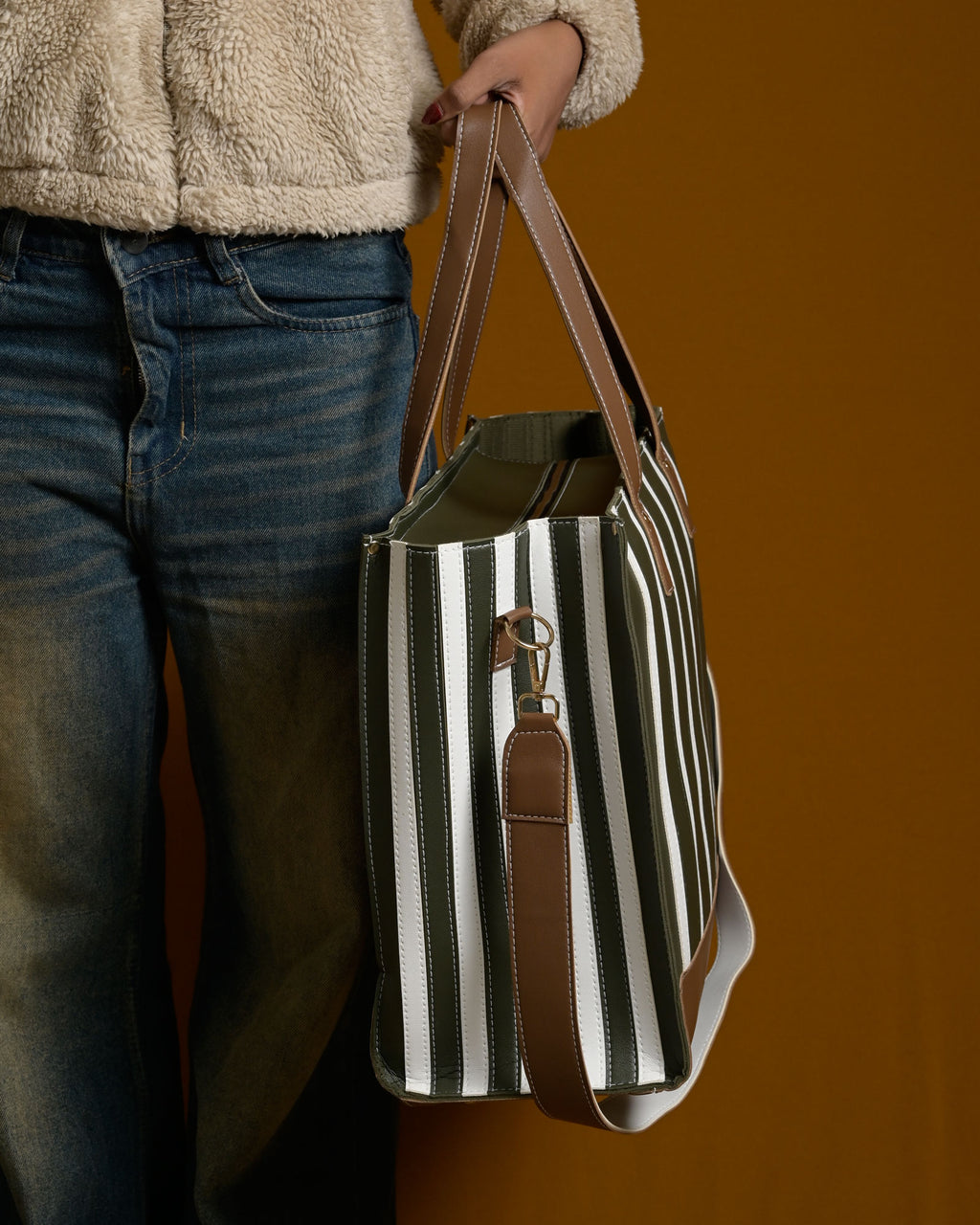 Pinstripe Bag - Olive & Brown