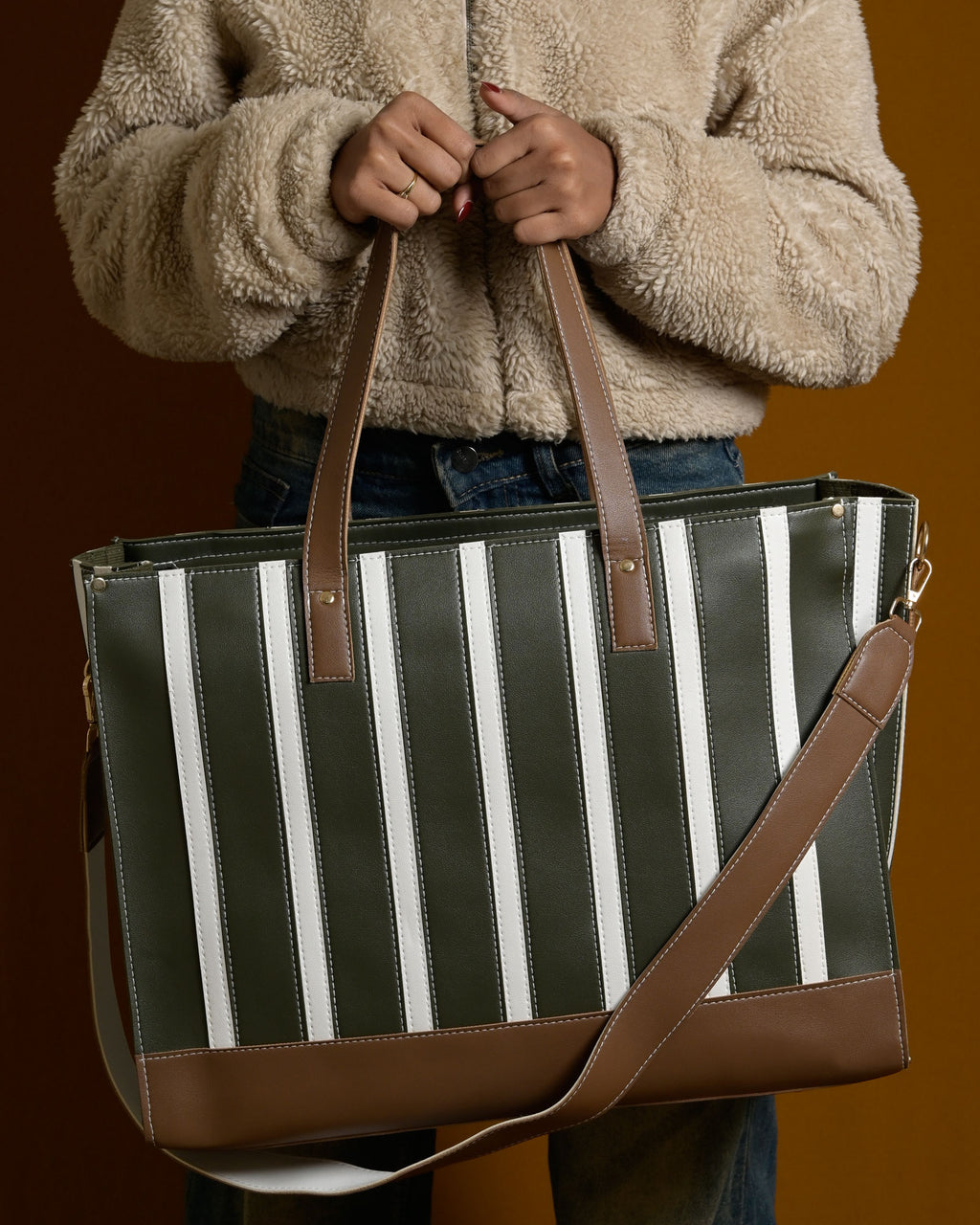 Pinstripe Bag - Olive & Brown