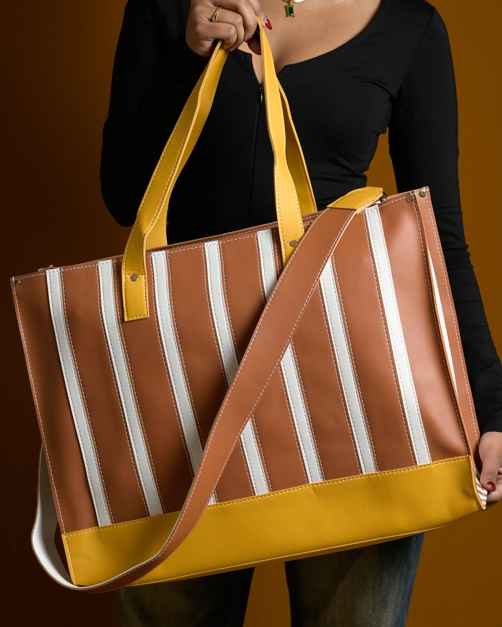 Pinstripe Bag - Tan & Mustard