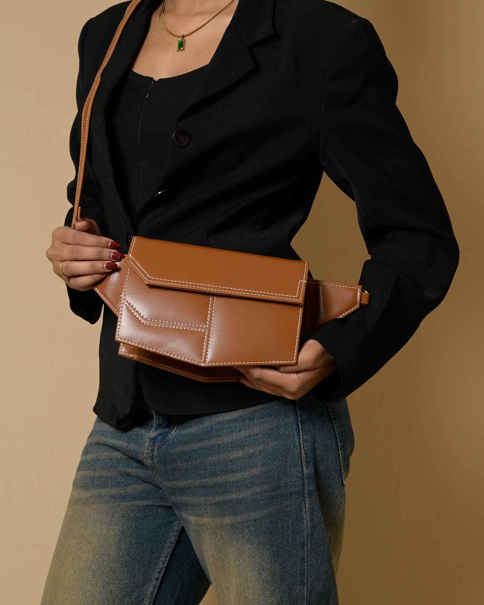 Structured Crossbody Sling Bag - Tan